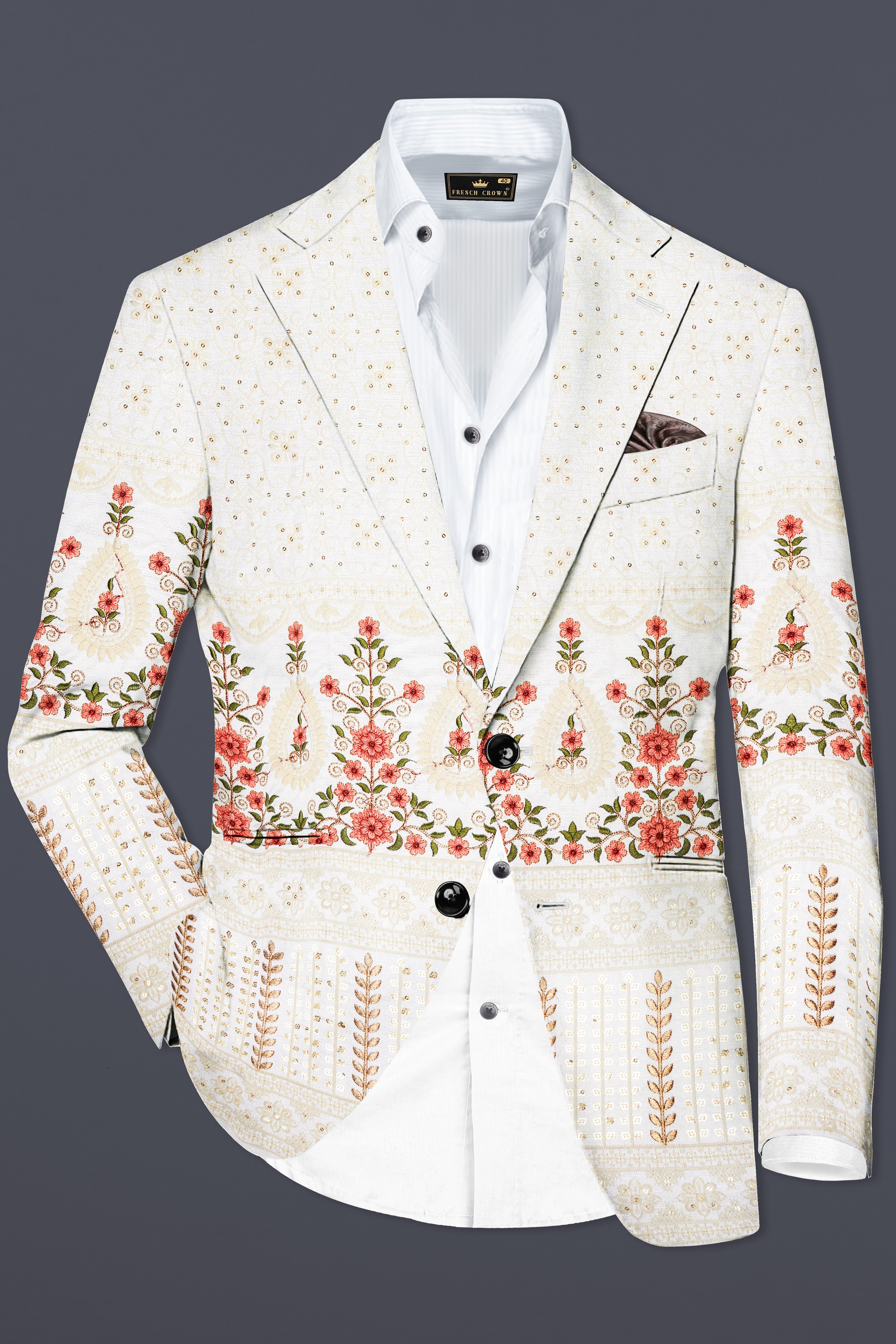 Almond Off White And Salmon Pink Sequin and thread Embroidered Single Breasted Suit