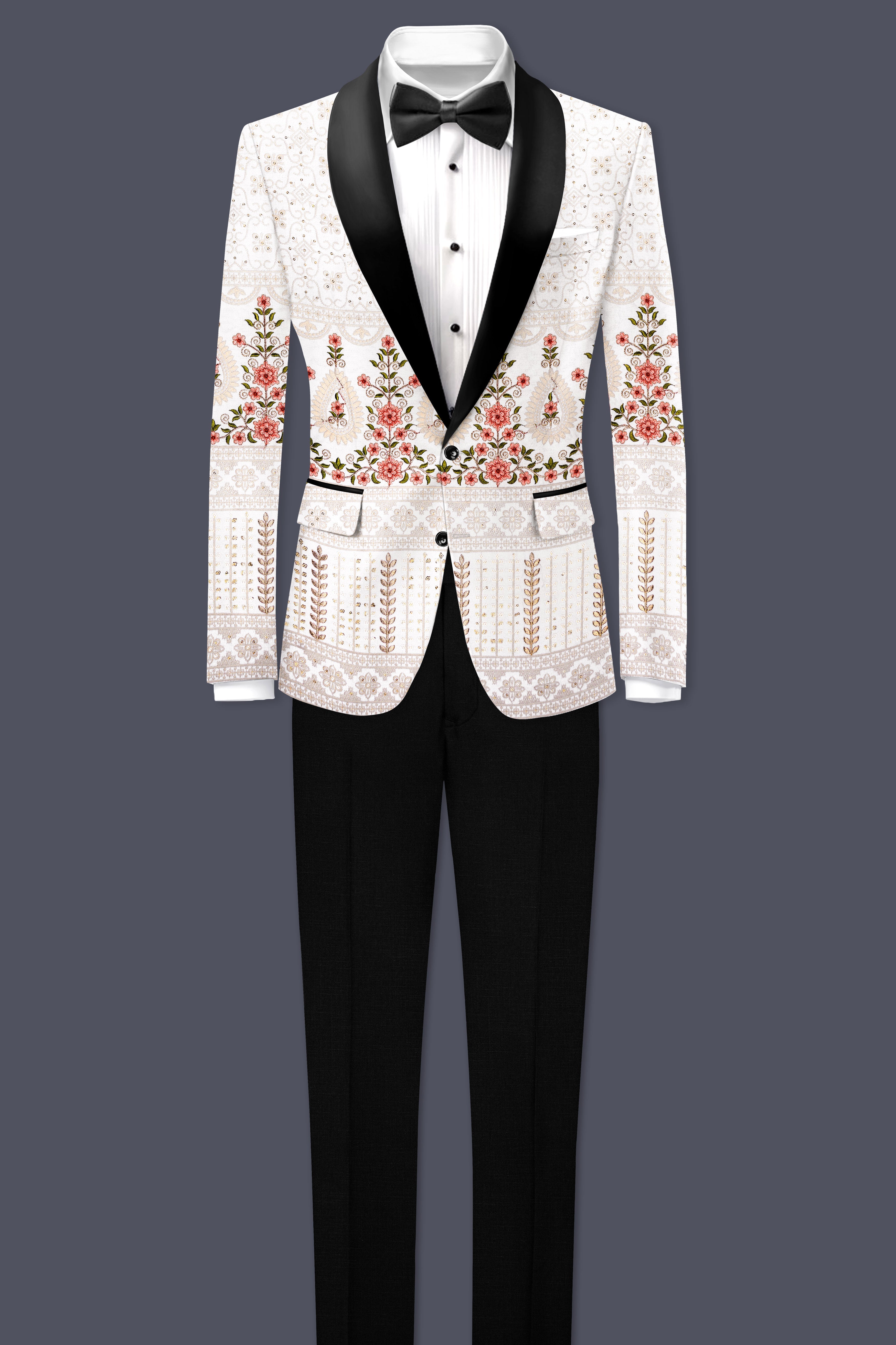 Romance White And Salmon Pink Sequin and thread Embroidered Tuxedo Suit