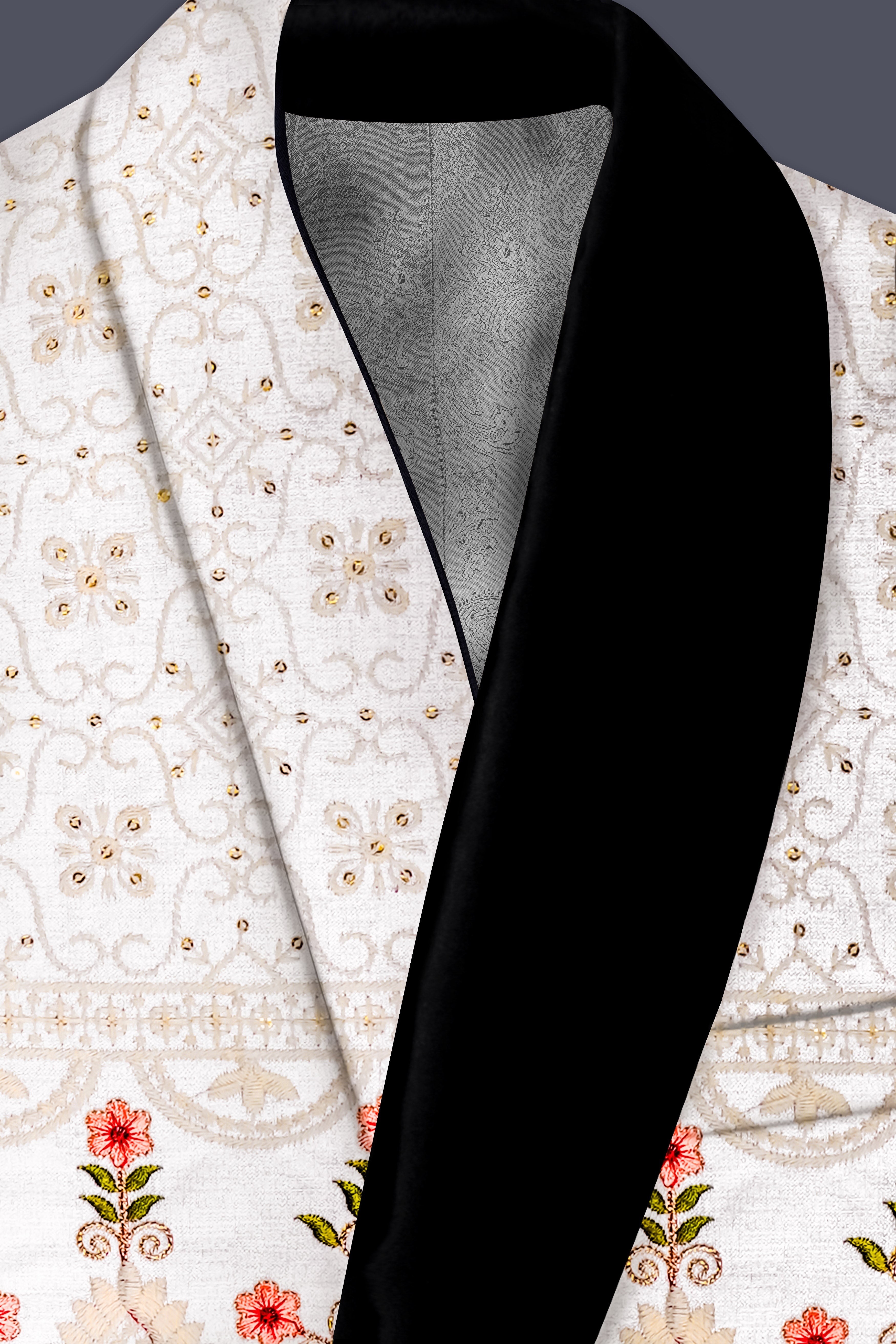 Romance White And Salmon Pink Sequin and thread Embroidered Tuxedo Suit