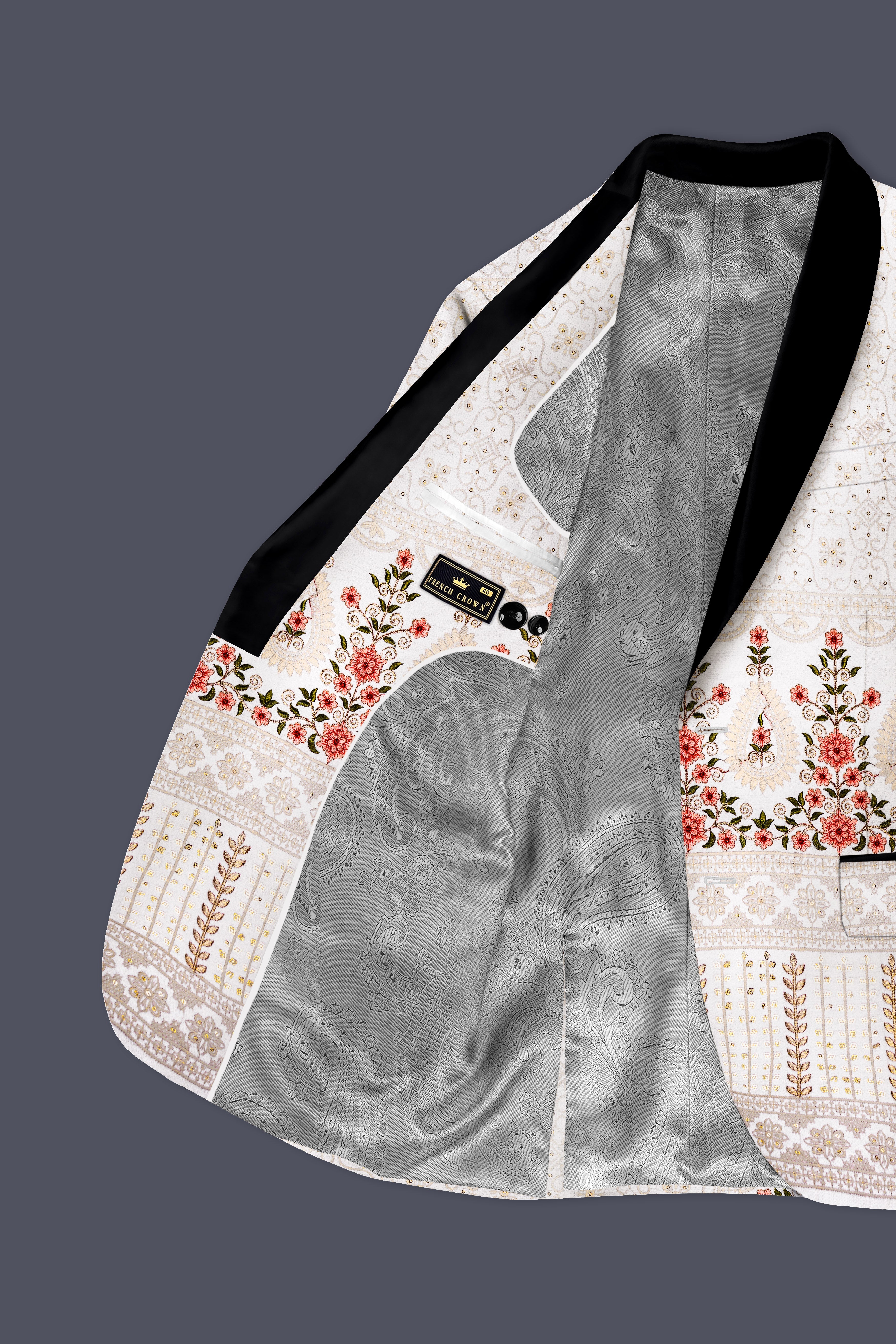 Romance White And Salmon Pink Sequin and thread Embroidered Tuxedo Suit