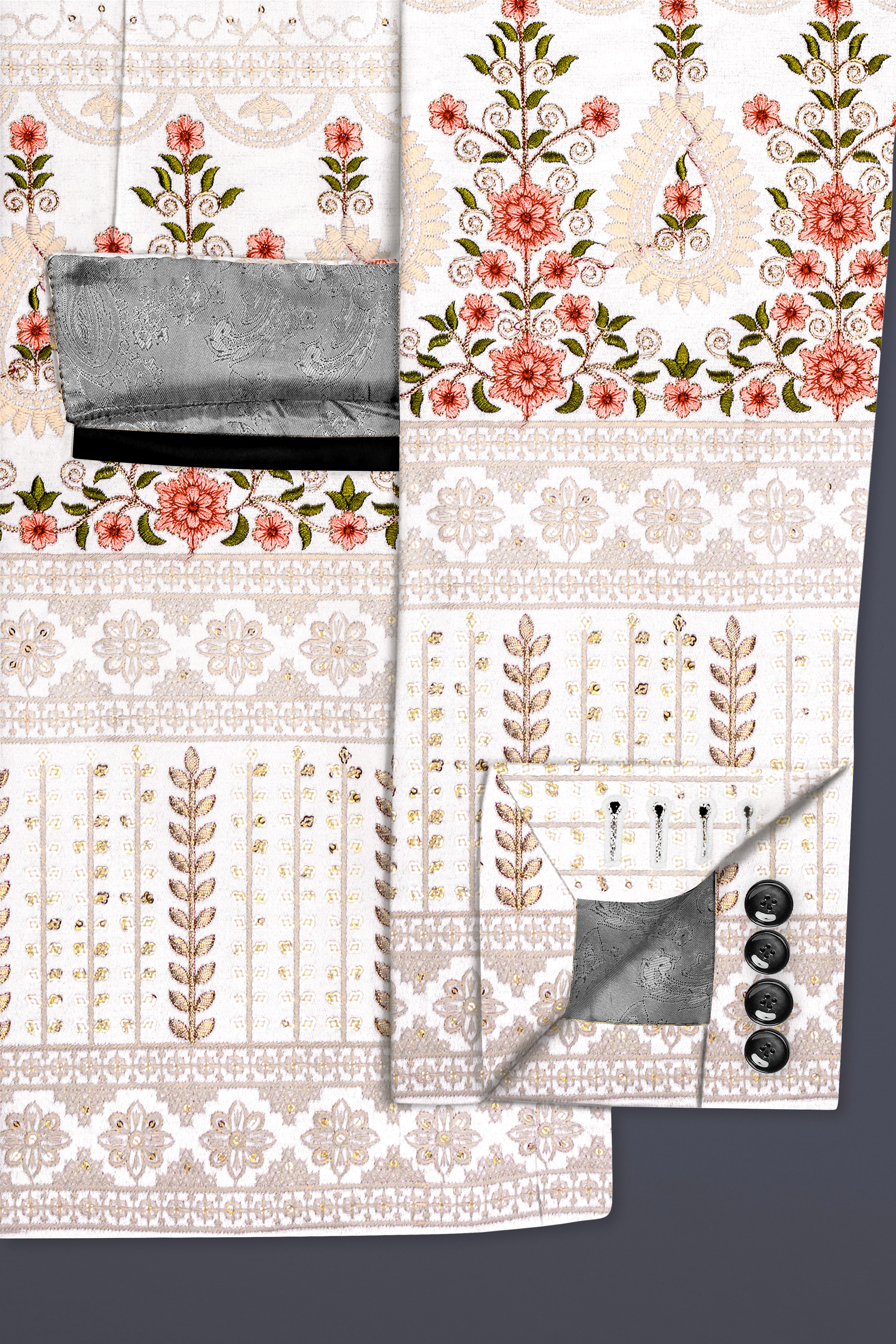 Romance White And Salmon Pink Sequin and thread Embroidered Tuxedo Suit