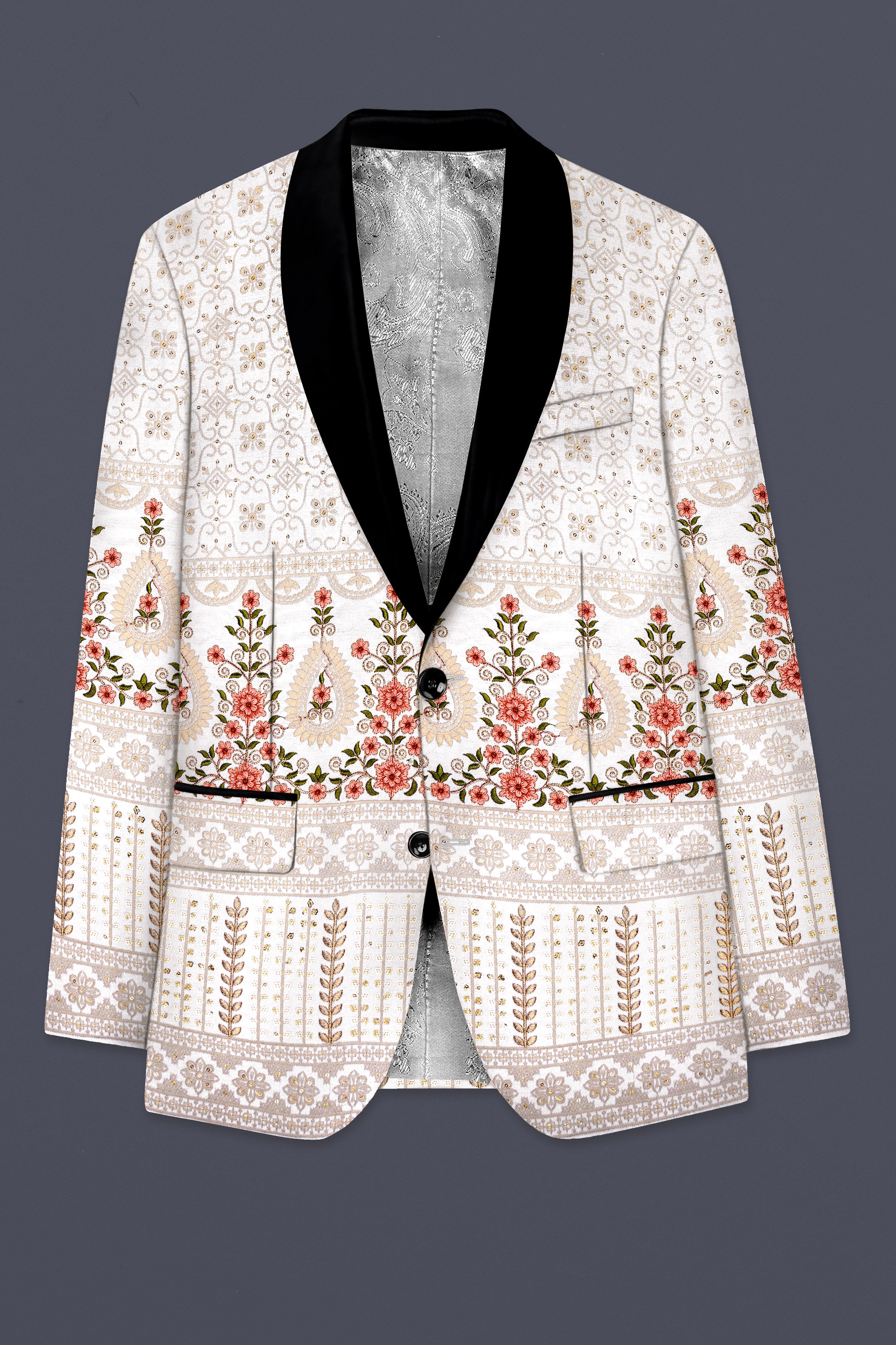 Romance White And Salmon Pink Sequin and thread Embroidered Tuxedo Suit