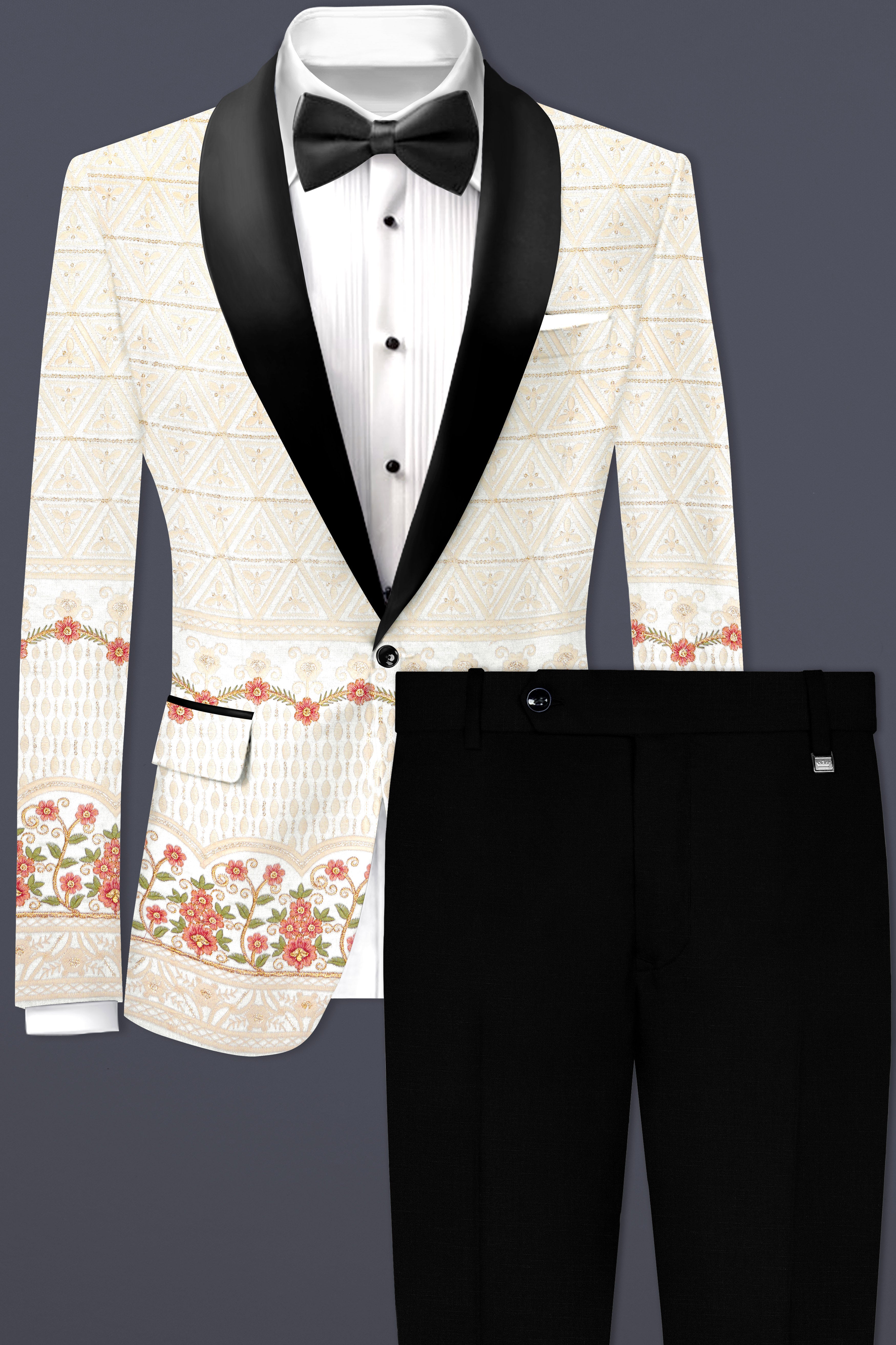 Fantasy Off White And Blush Pink Sequin and thread Embroidered Tuxedo Suit