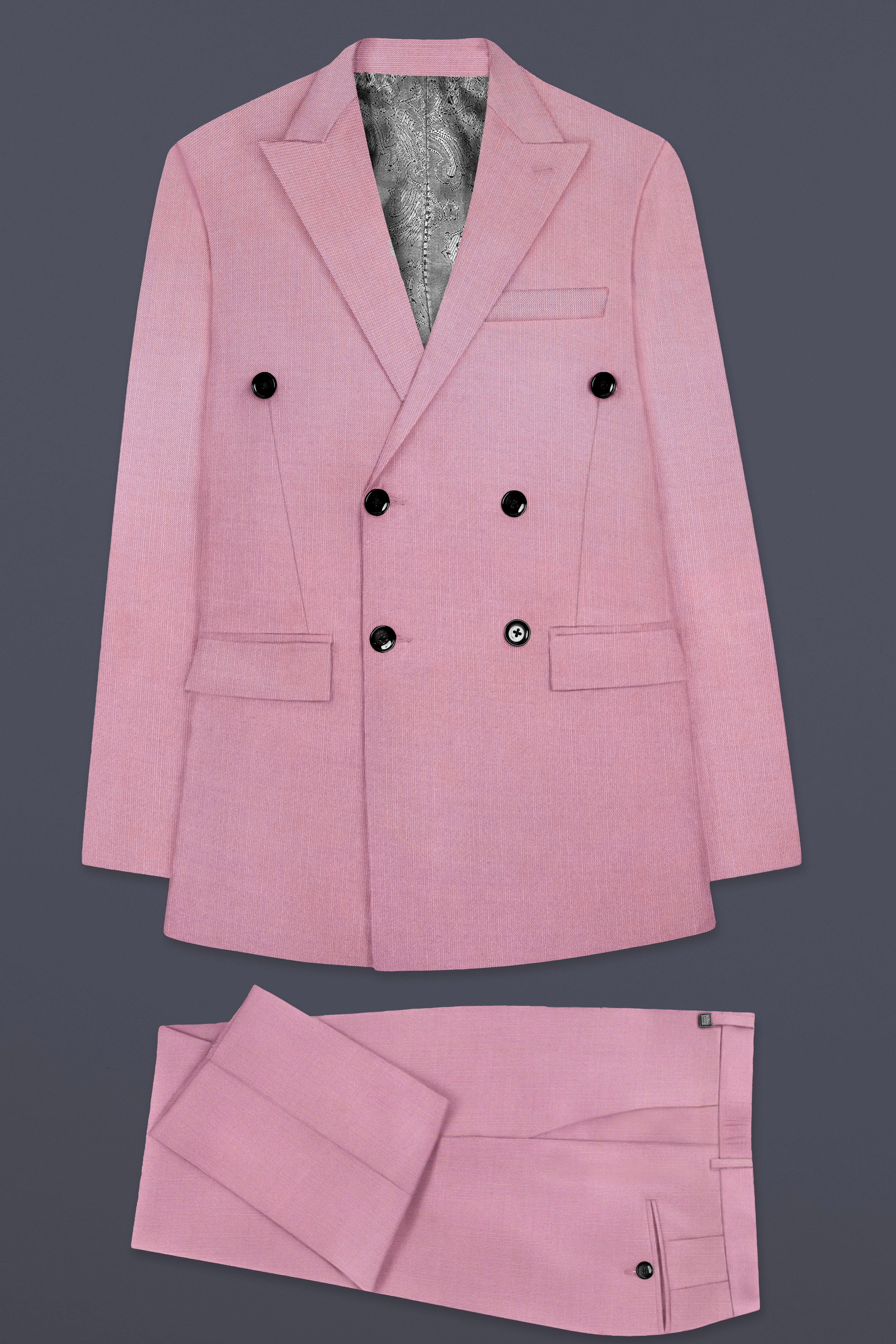 Viola Pink Solid Wool Rich Double Breasted Slight Stretch Suit