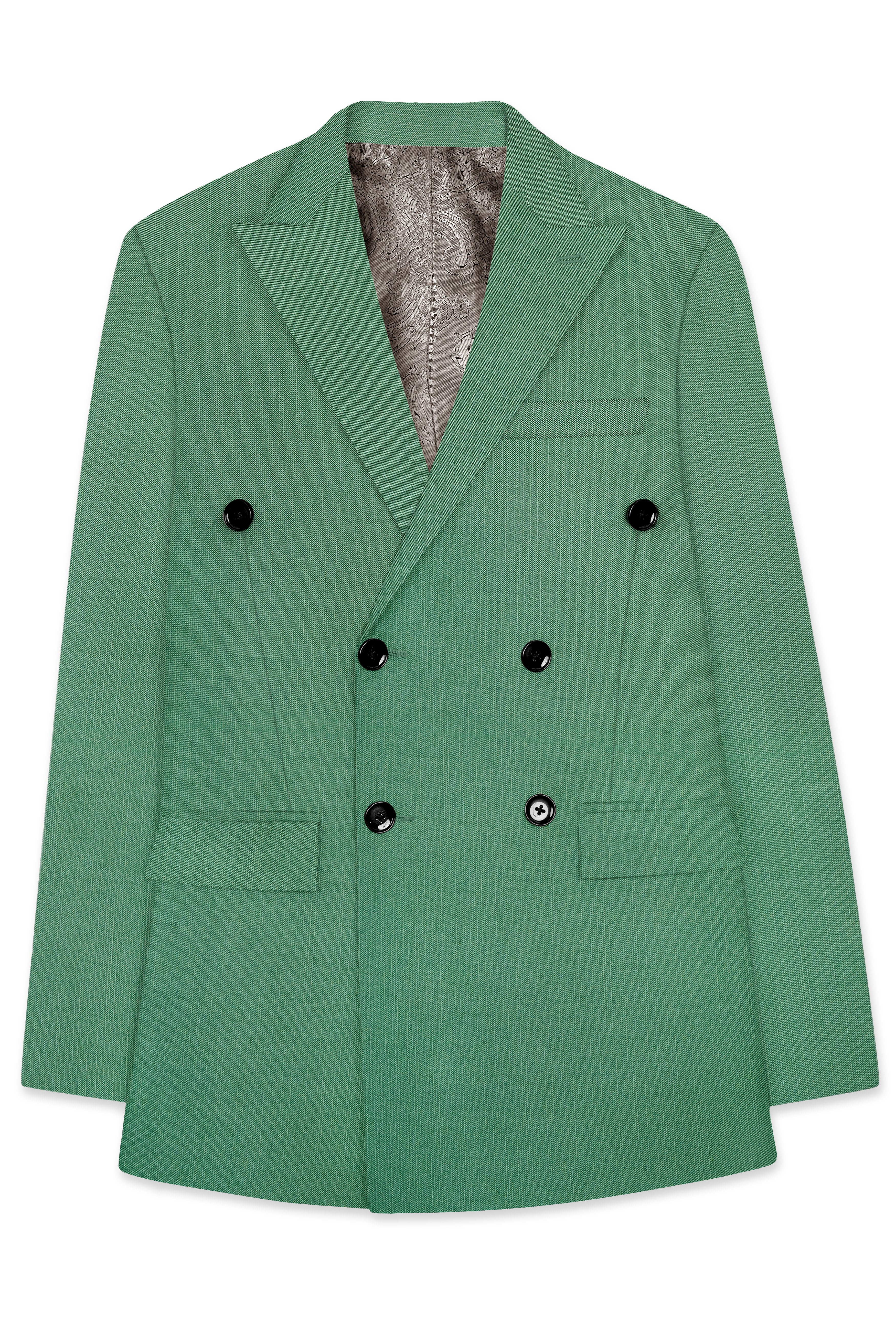 Viridian Green Solid Wool Rich Double Breasted Slight Stretch Suit