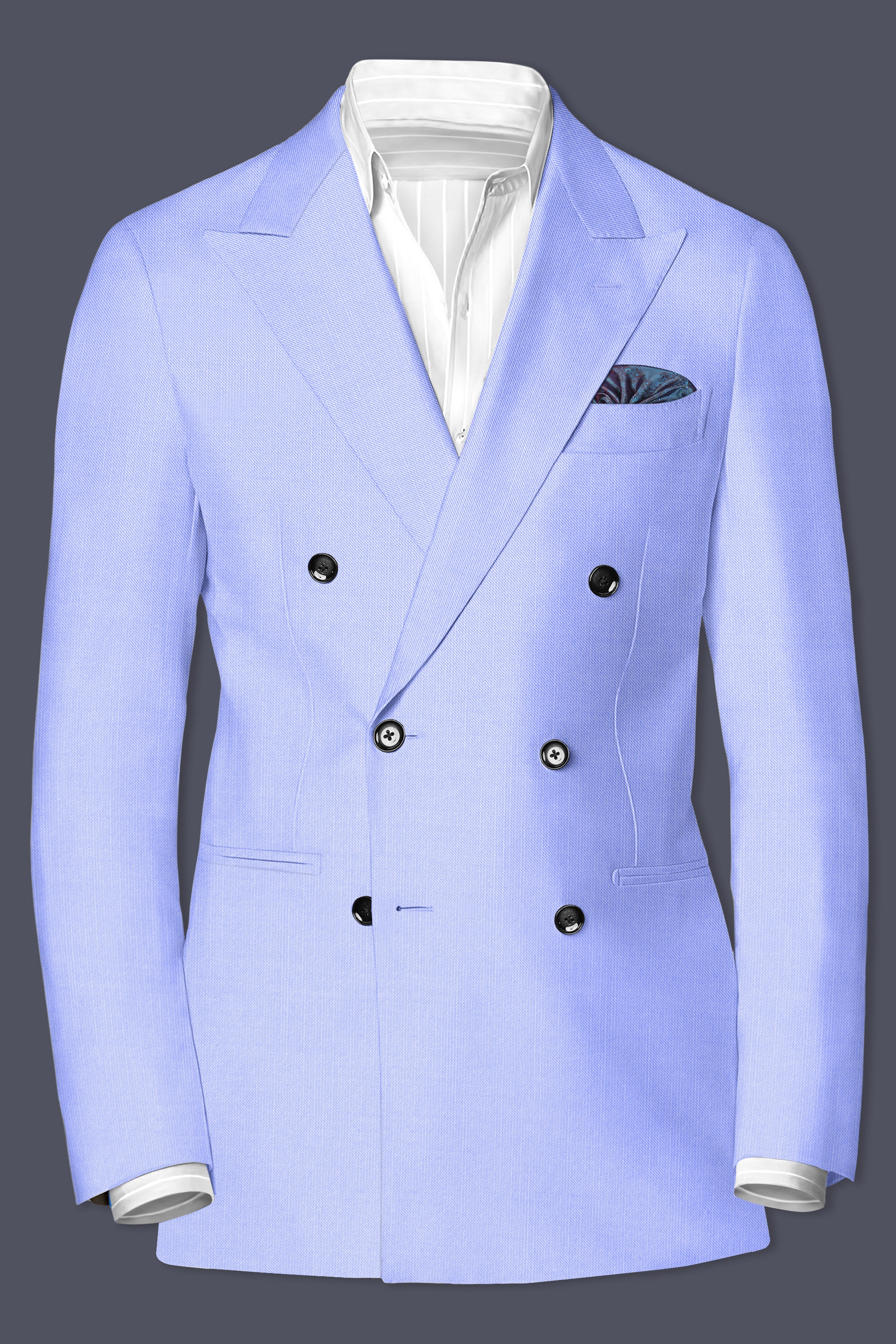 Periwinkle Blue Solid Wool Rich Double Breasted Slight Stretch Suit