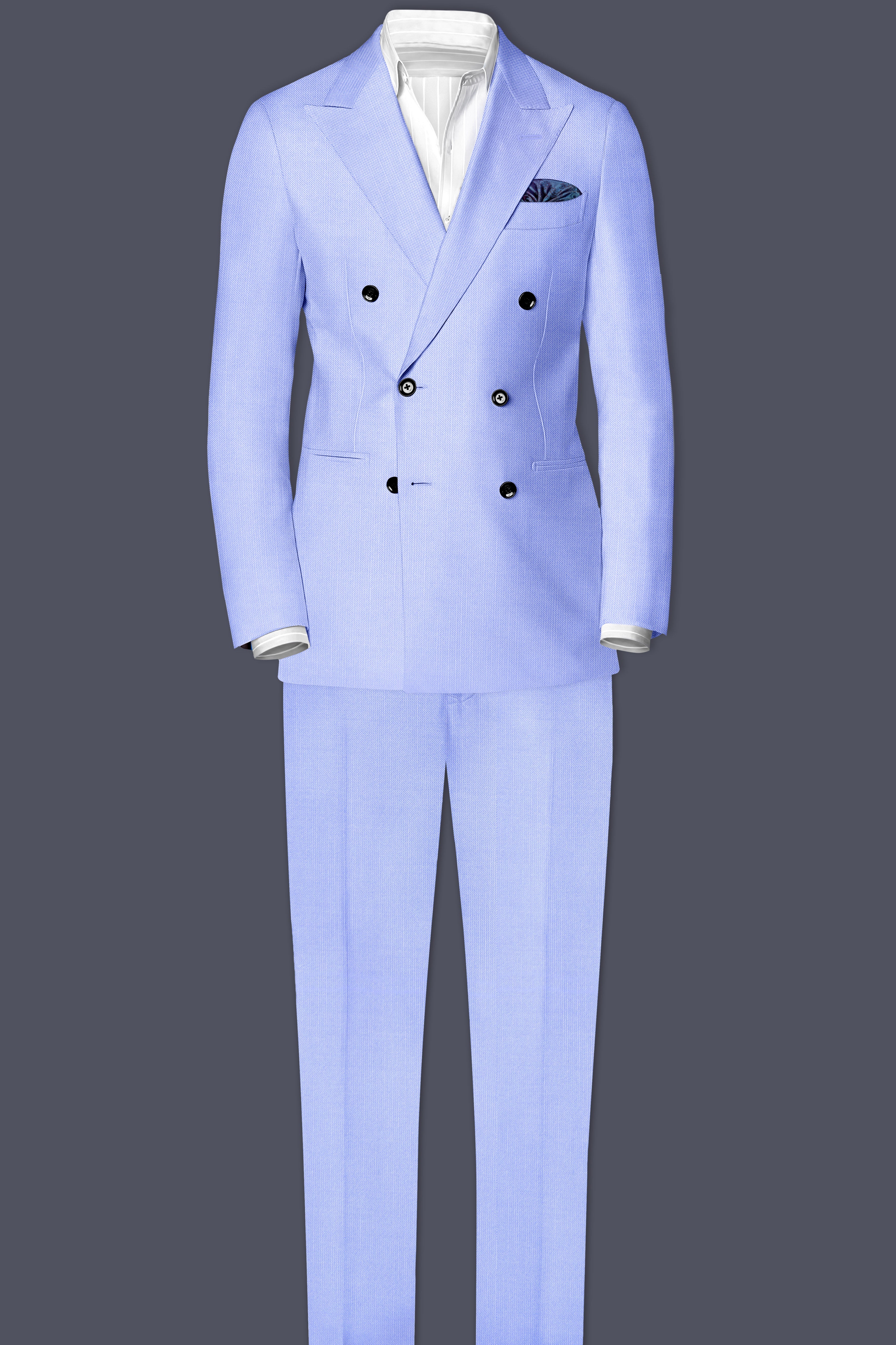Periwinkle Blue Solid Wool Rich Double Breasted Slight Stretch Suit