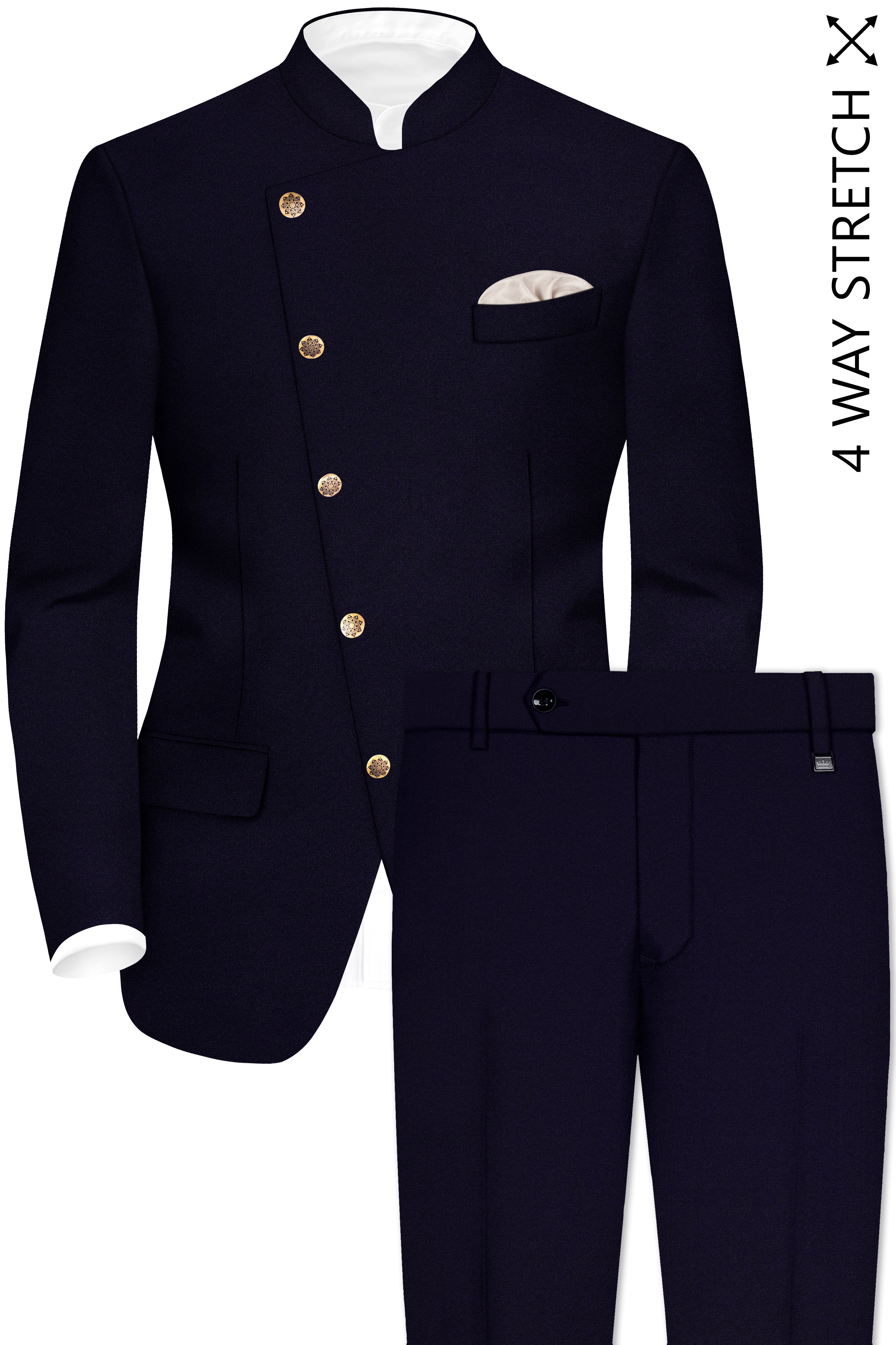 Vistaro-Korean Blue (The Best Blue We Have) 4-Way Stretch Wool Rich Cross Placket Bandhgala Slight Stretch Suit