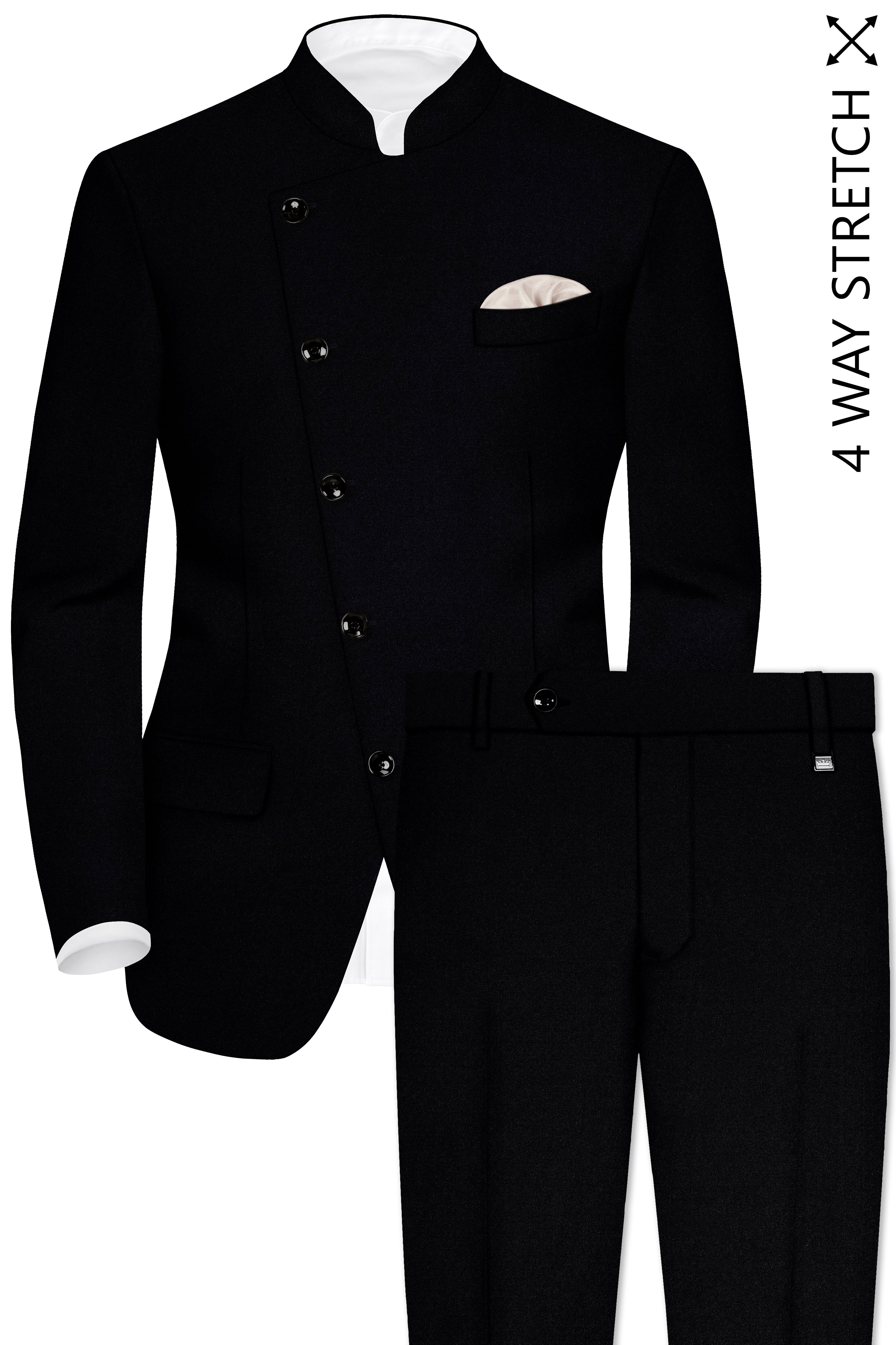 Noirex-Korean Black (The Best Black We Have) Wool Rich Cross Placket Bandhgala Slight Stretch Suit