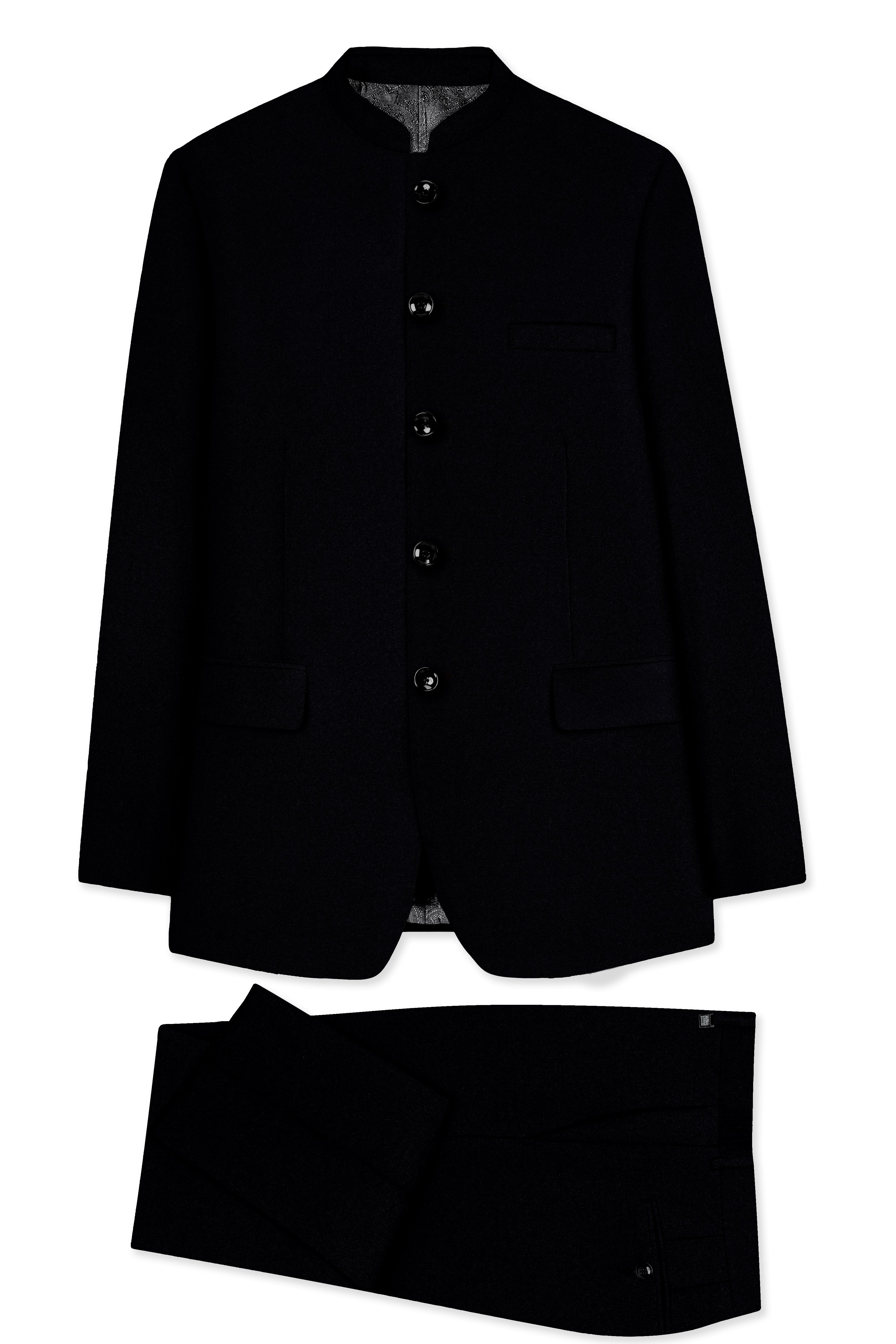 Noirex-Korean Black (The Best Black We Have) Wool Rich Bandhgala Slight Stretch Suit