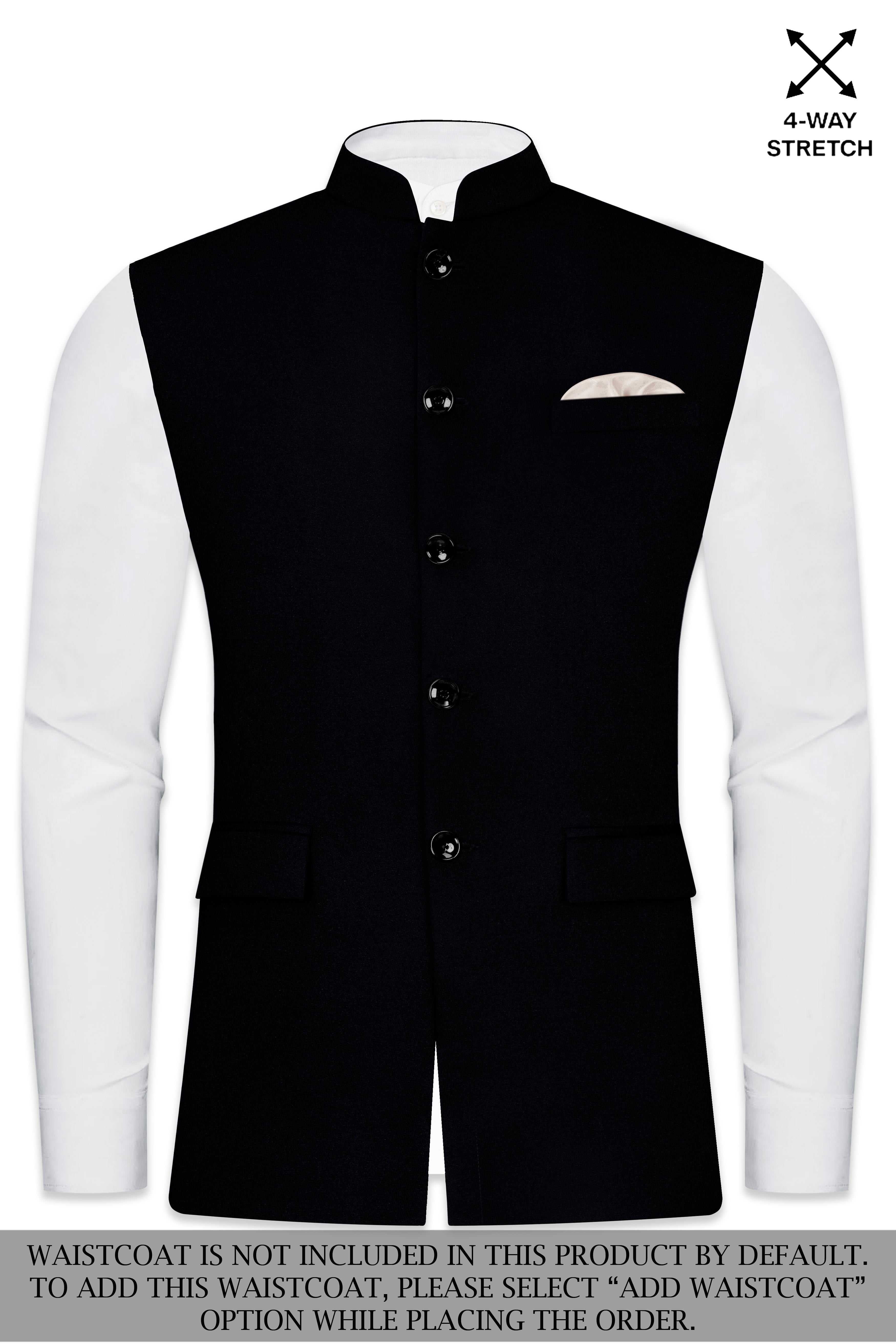 Noirex-Korean Black (The Best Black We Have) Wool Rich Bandhgala Slight Stretch Suit