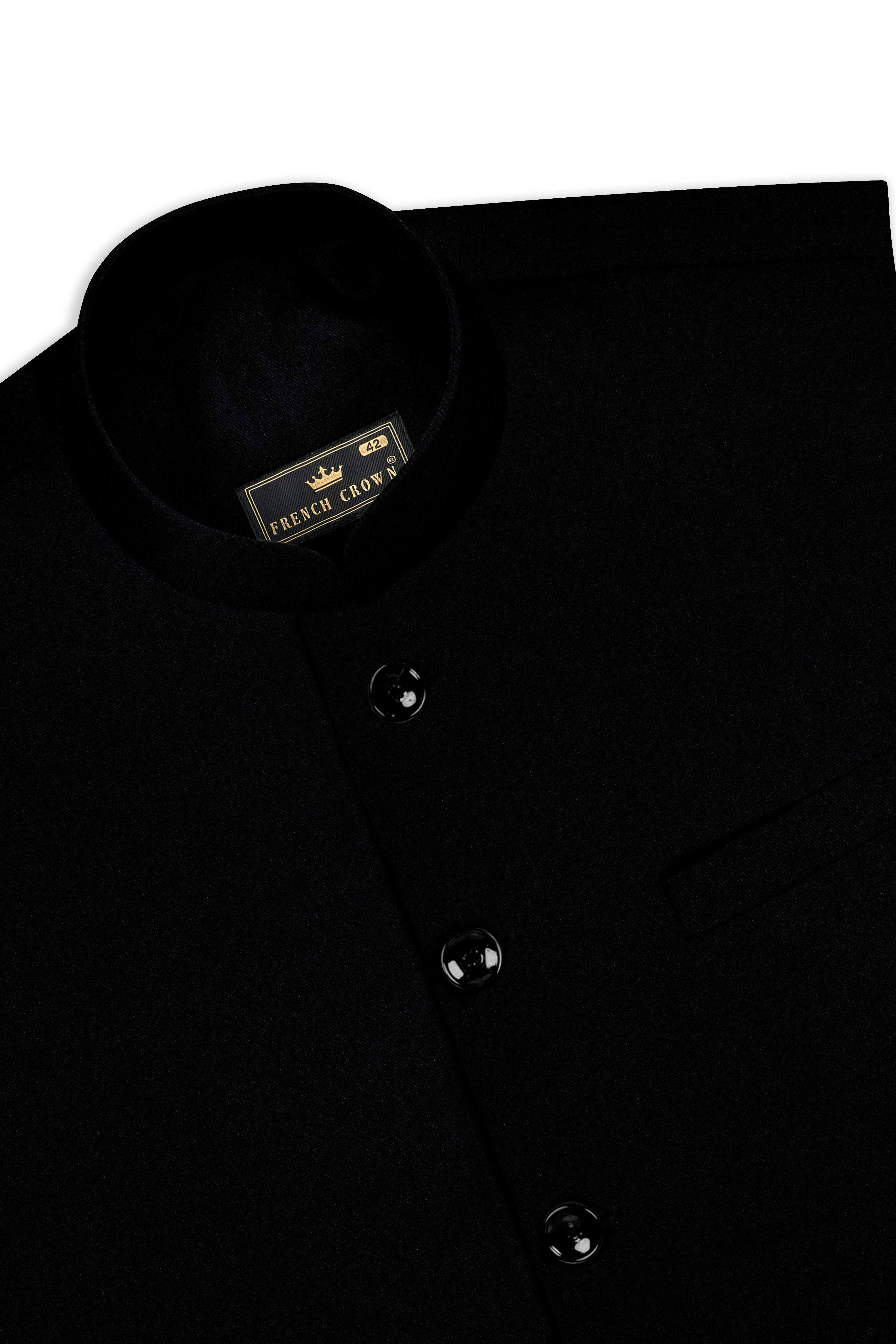 Noirex-Korean Black (The Best Black We Have) Wool Rich Bandhgala Slight Stretch Suit