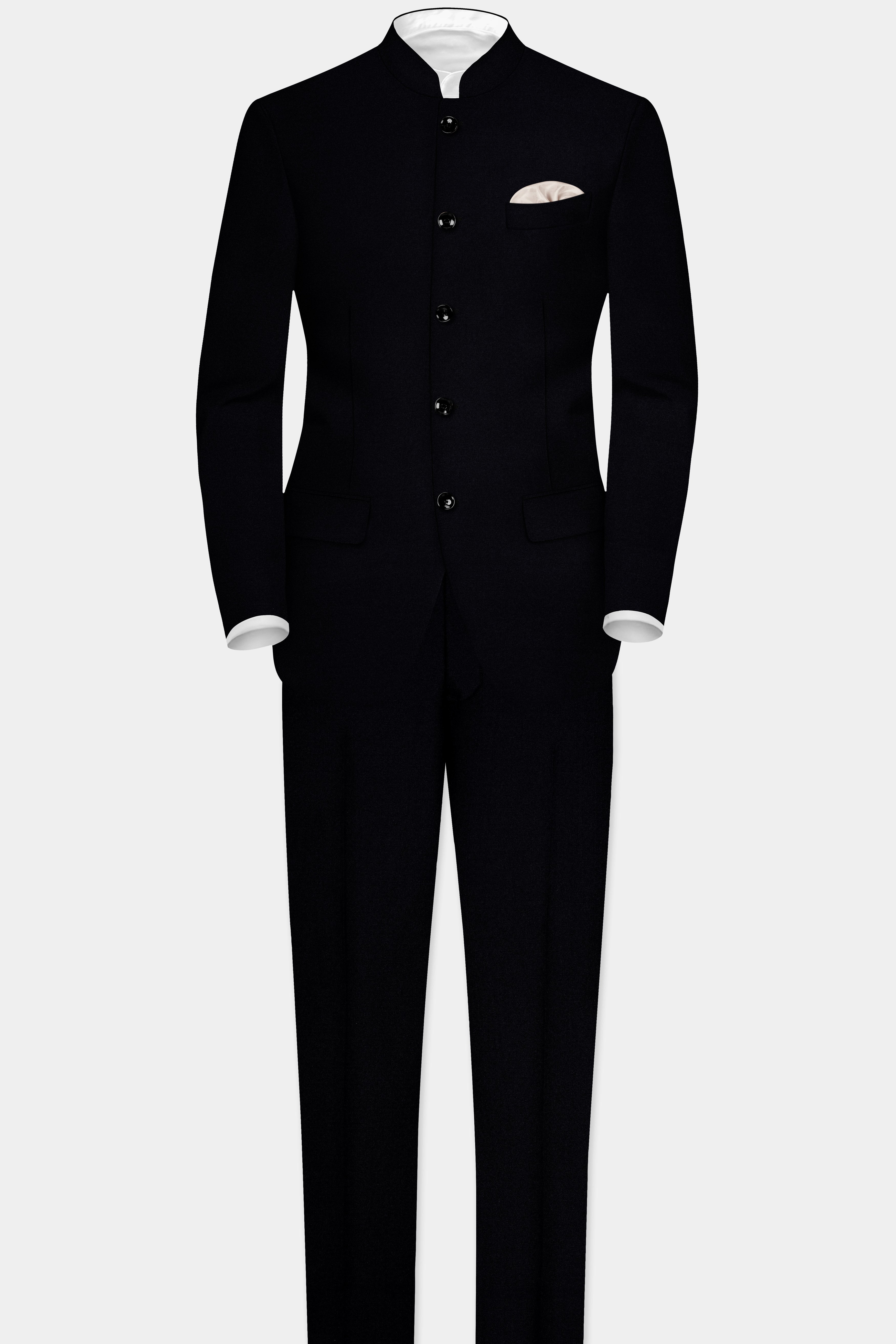 Noirex-Korean Black (The Best Black We Have) Wool Rich Bandhgala Slight Stretch Suit