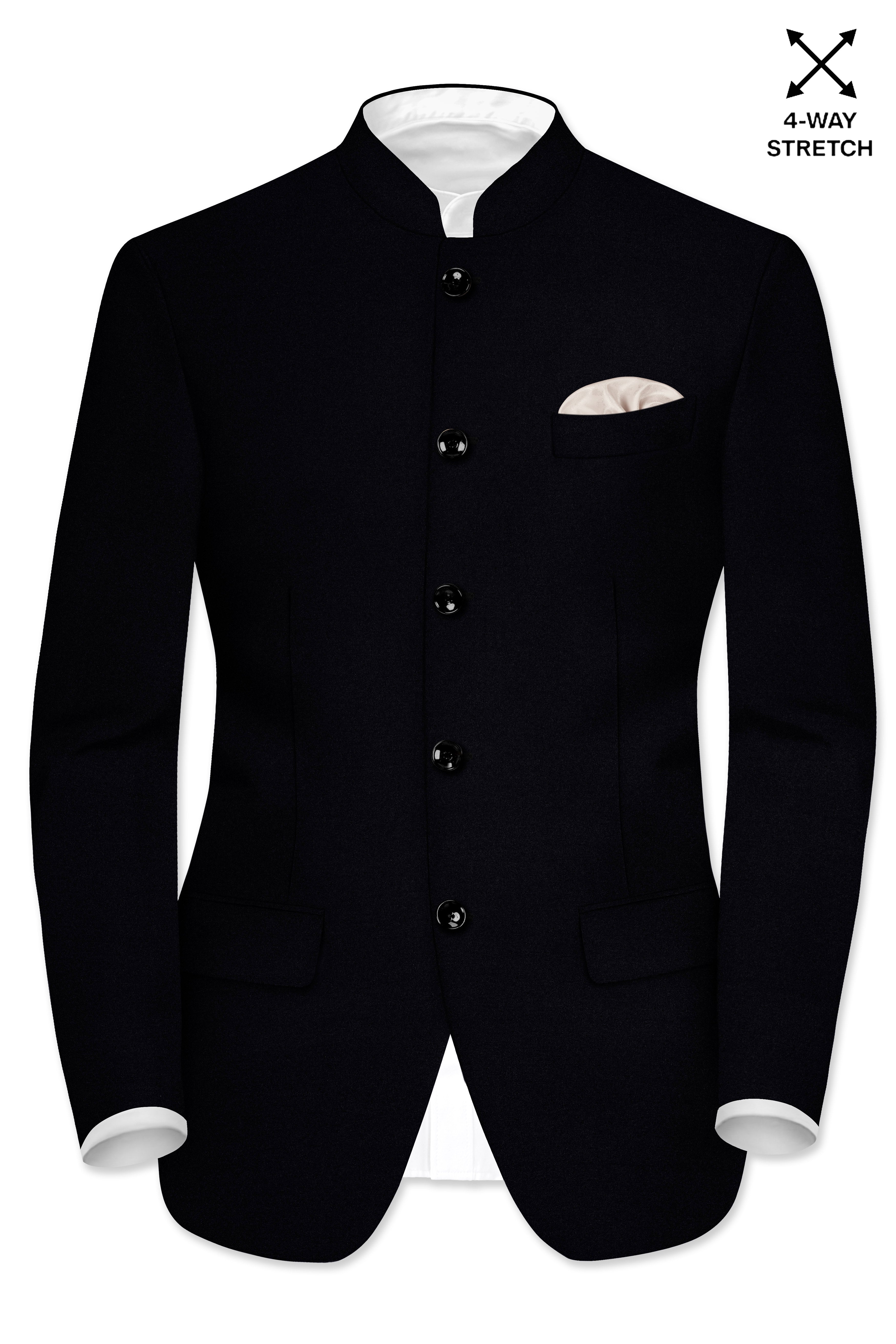 Noirex-Korean Black (The Best Black We Have) Wool Rich Bandhgala Slight Stretch Suit