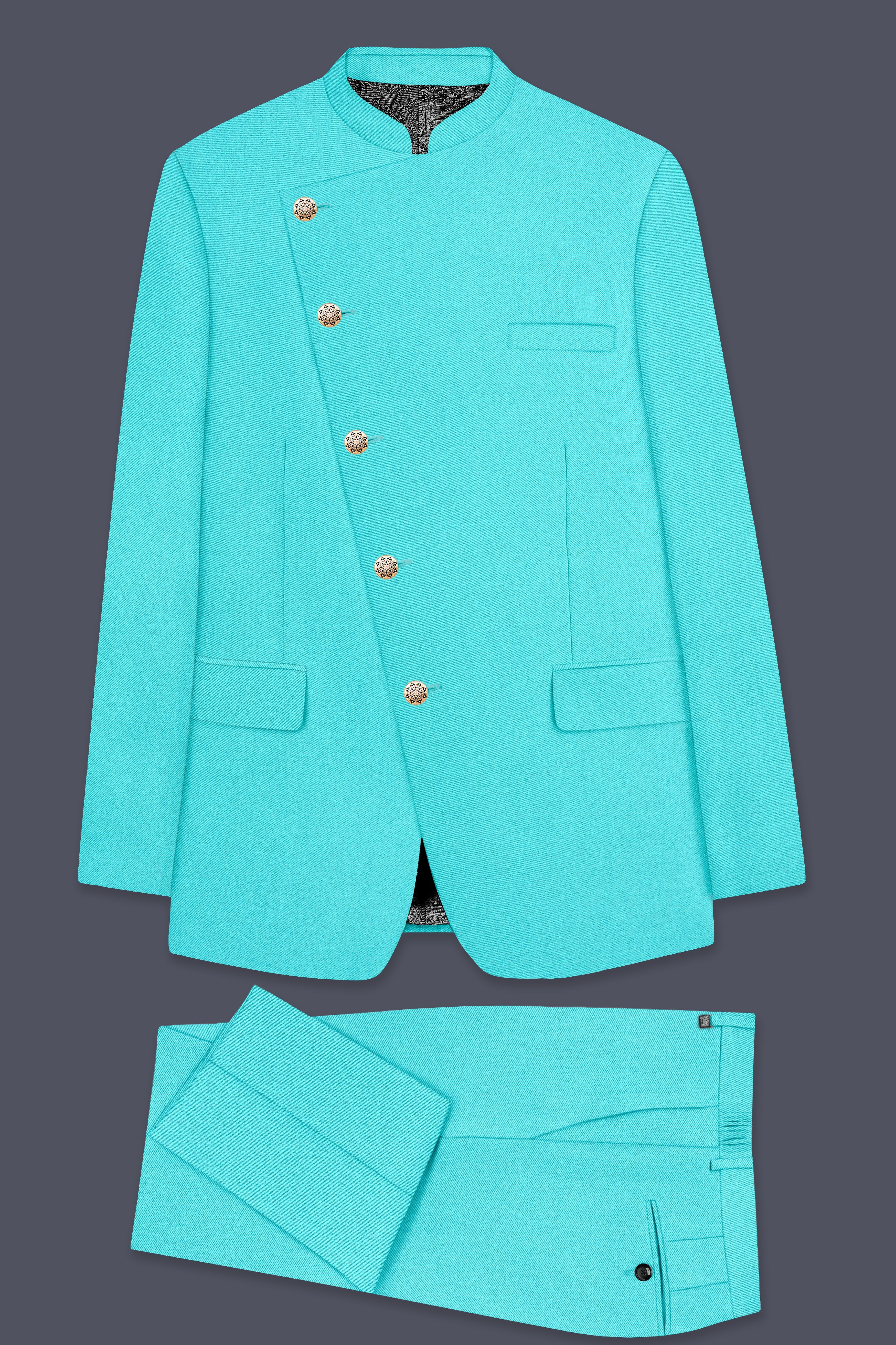 Aegir-Viking Blue Wool Rich Cross Placket Bandhgala Stretchable Traveler Suit