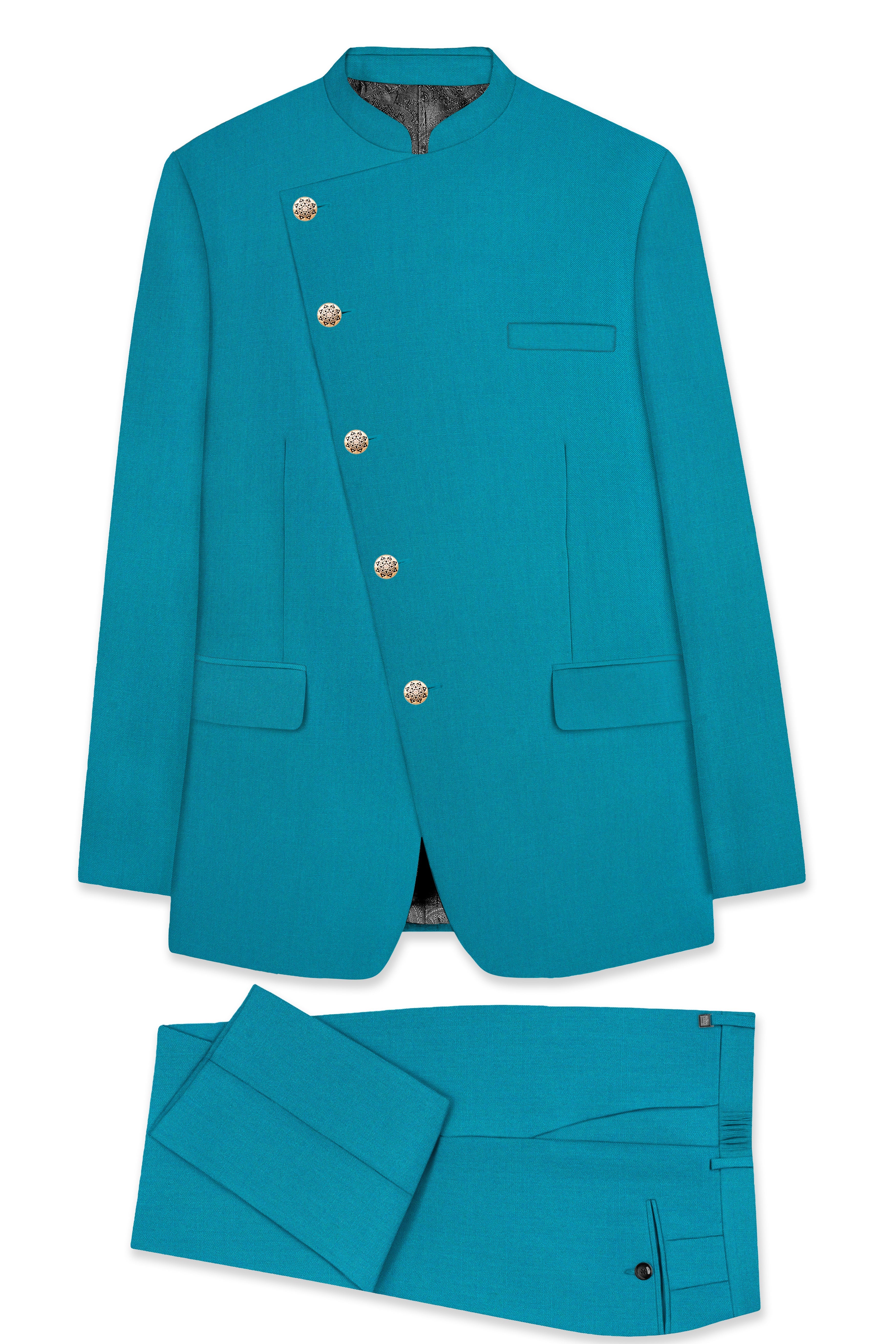 Zephir-Surfie Green Wool Rich Cross Placket Bandhgala Stretchable Traveler Suit