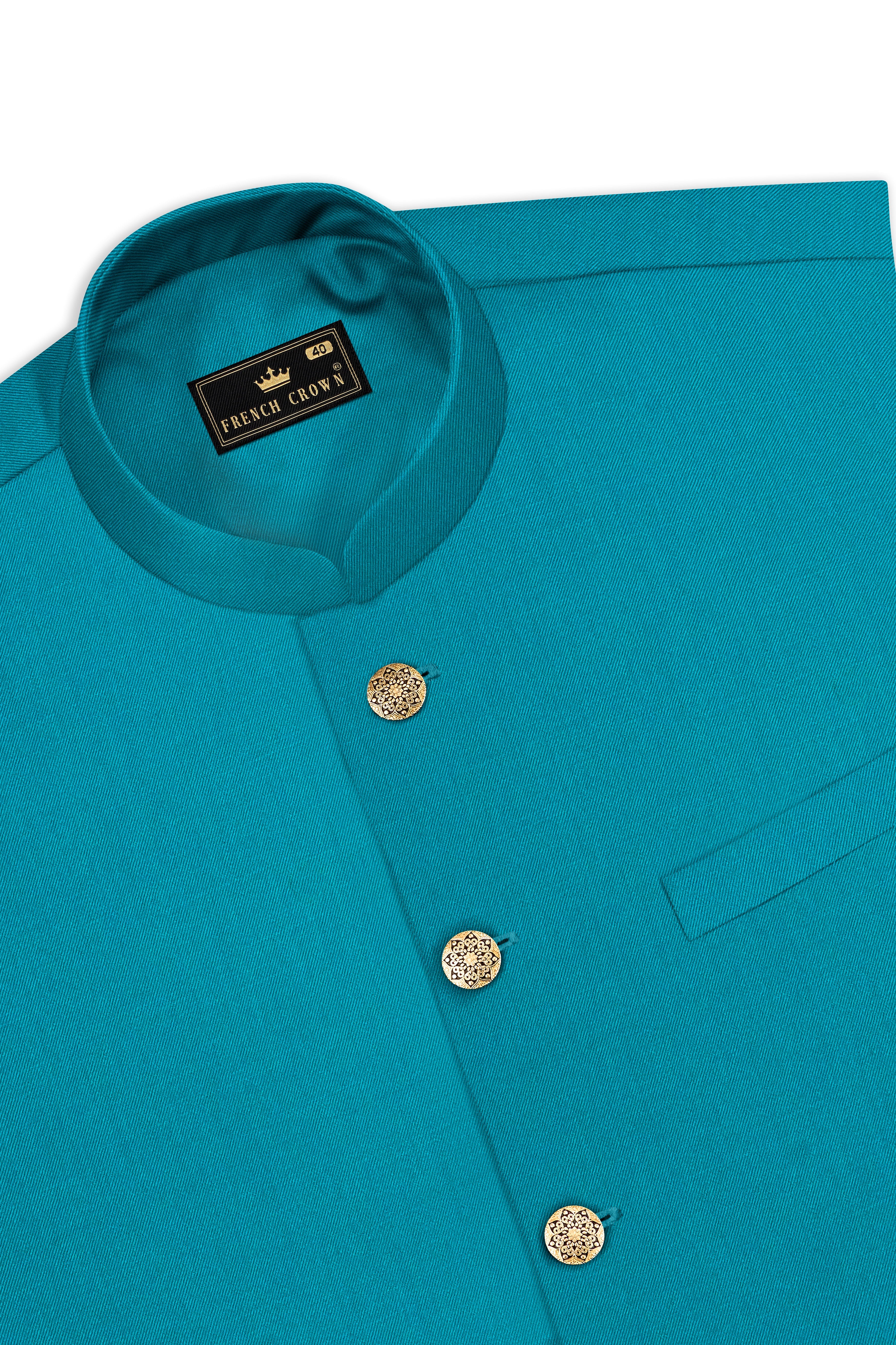 Zephir-Surfie Green Wool Rich Cross Placket Bandhgala Stretchable Traveler Suit