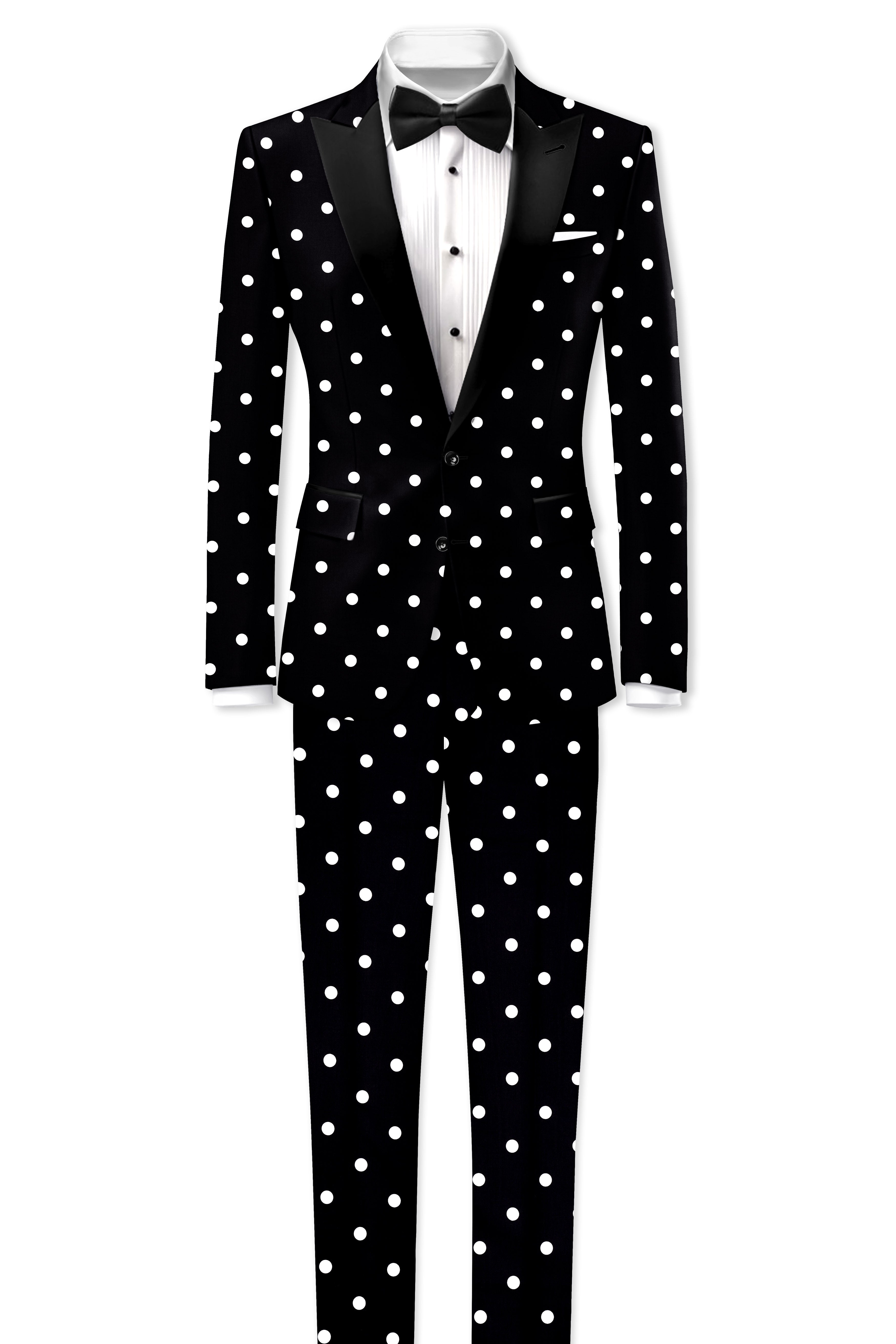 Noirdot-Jade Black Polka Dotted Printed Premium Cotton Peak Lapel Tuxedo Suit