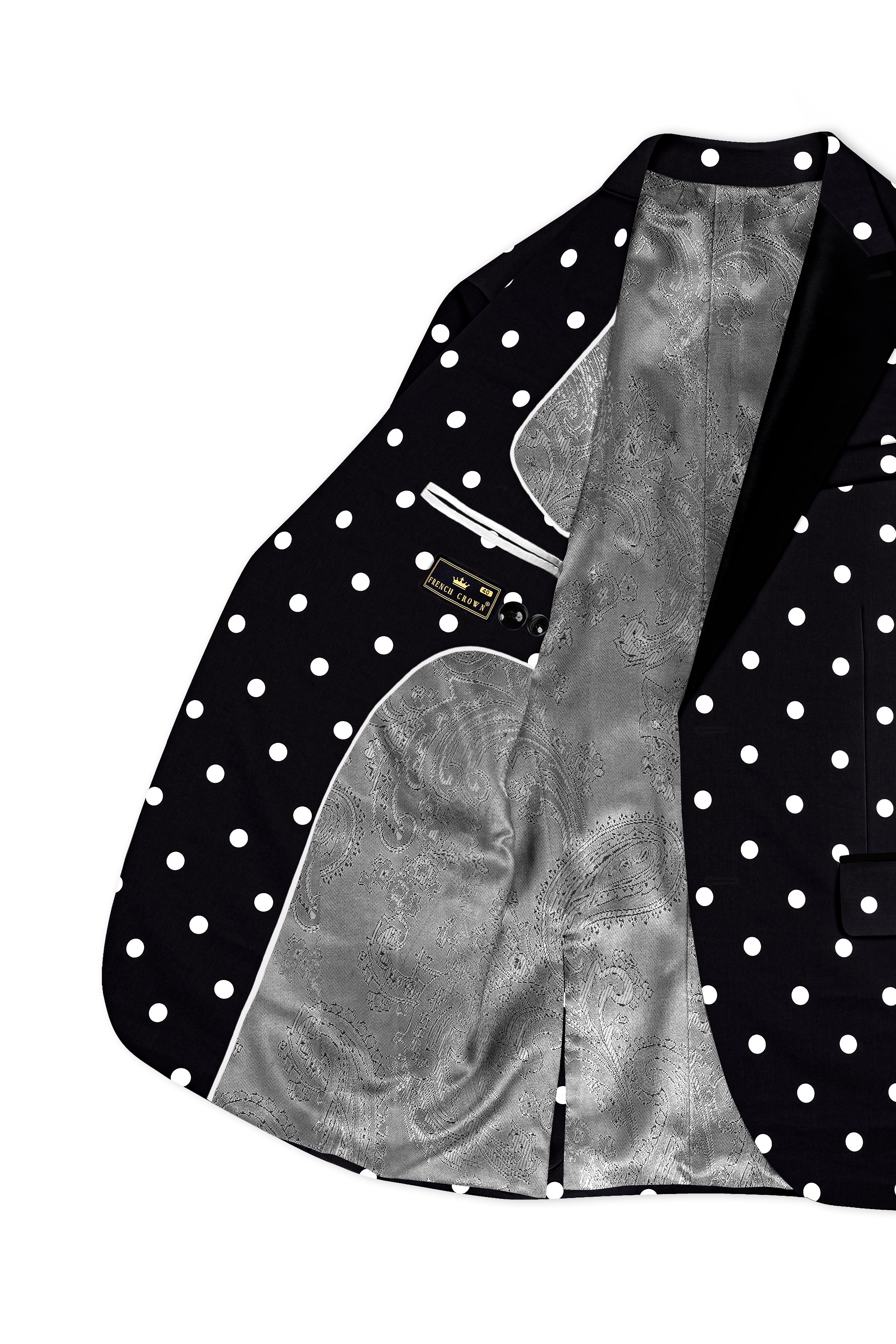 Noirdot-Jade Black Polka Dotted Printed Premium Cotton Peak Lapel Tuxedo Suit