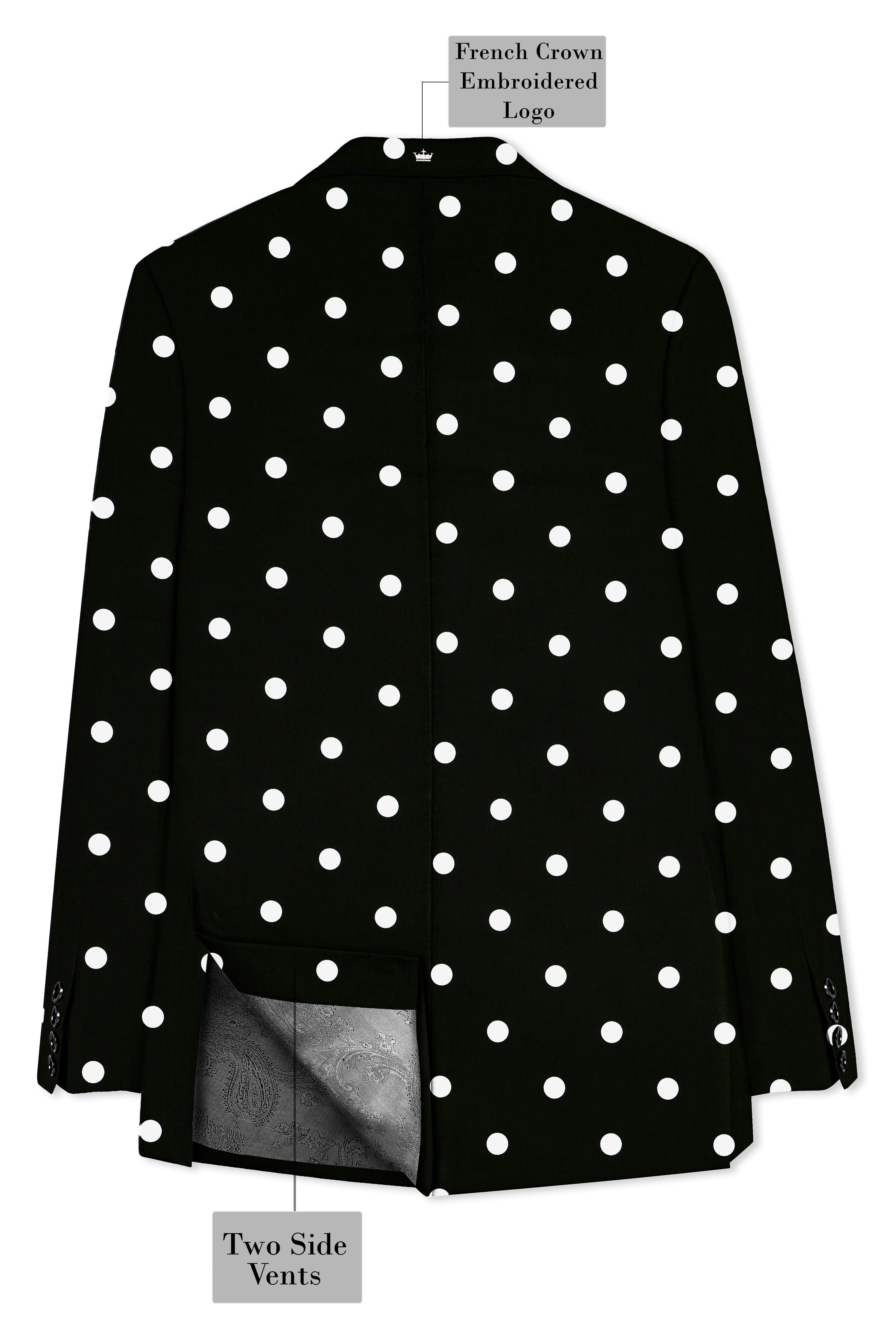 Noirdot-Jade Black Polka Dotted Printed Premium Cotton Peak Lapel Tuxedo Suit