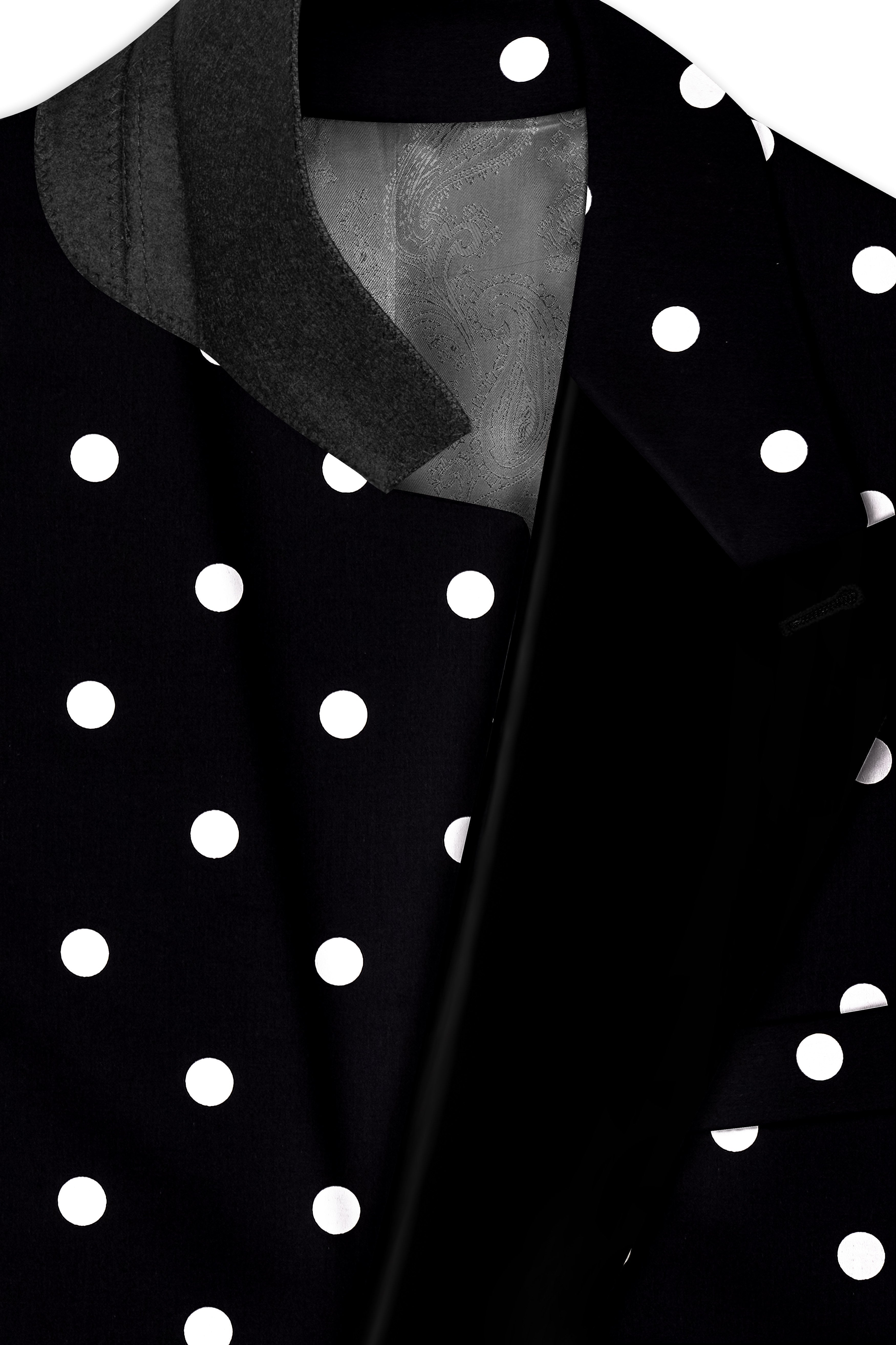 Noirdot-Jade Black Polka Dots Printed Premium Cotton Peak Lapel Tuxedo Suit