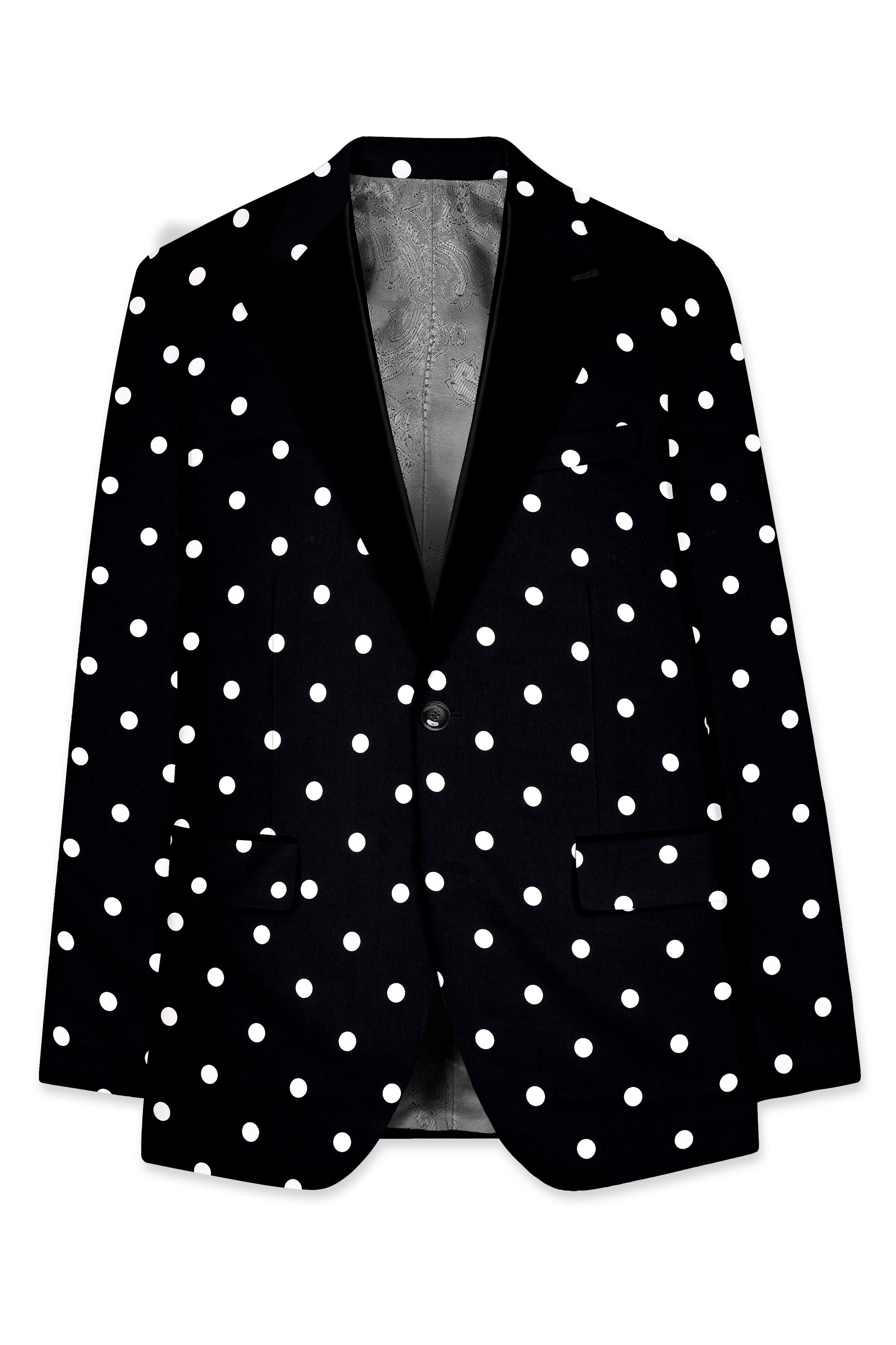 Noirdot-Jade Black Polka Dots Printed Premium Cotton Peak Lapel Tuxedo Suit