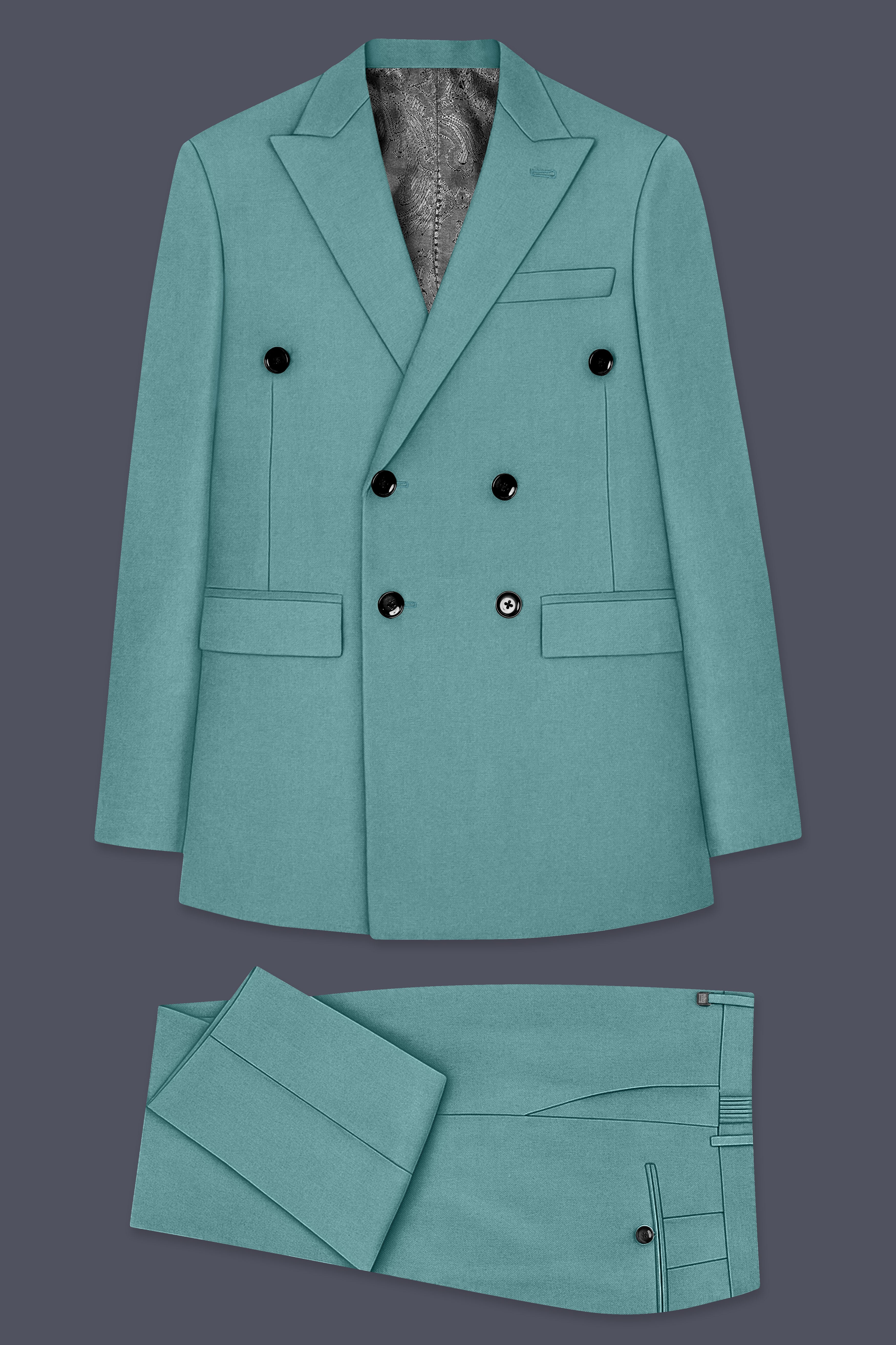 Travirid-Gothic Green Wool Rich Double Breasted Stretchable Traveler Suit