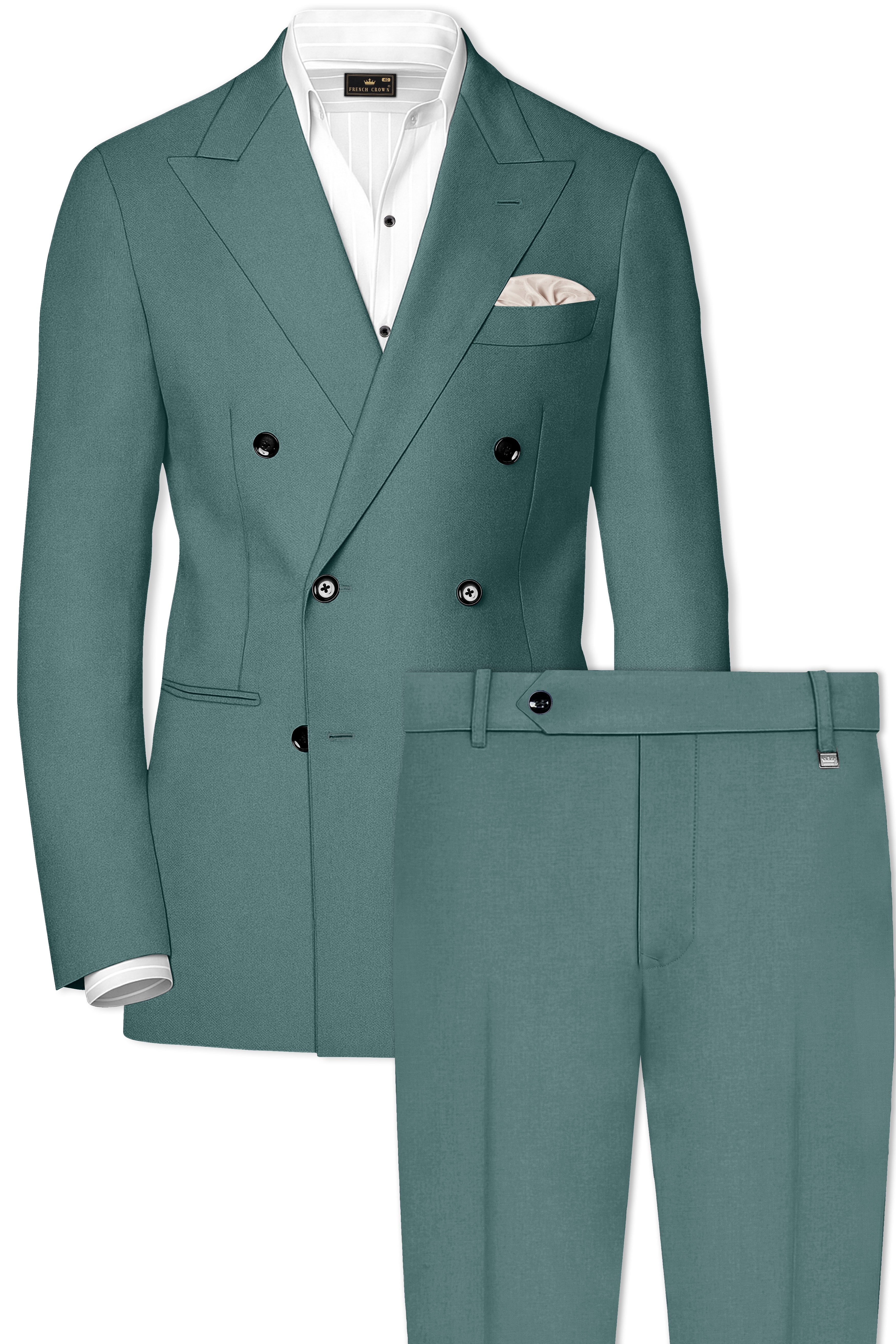 Travliam-William Green Wool Rich Double Breasted Slight Stretch Suit