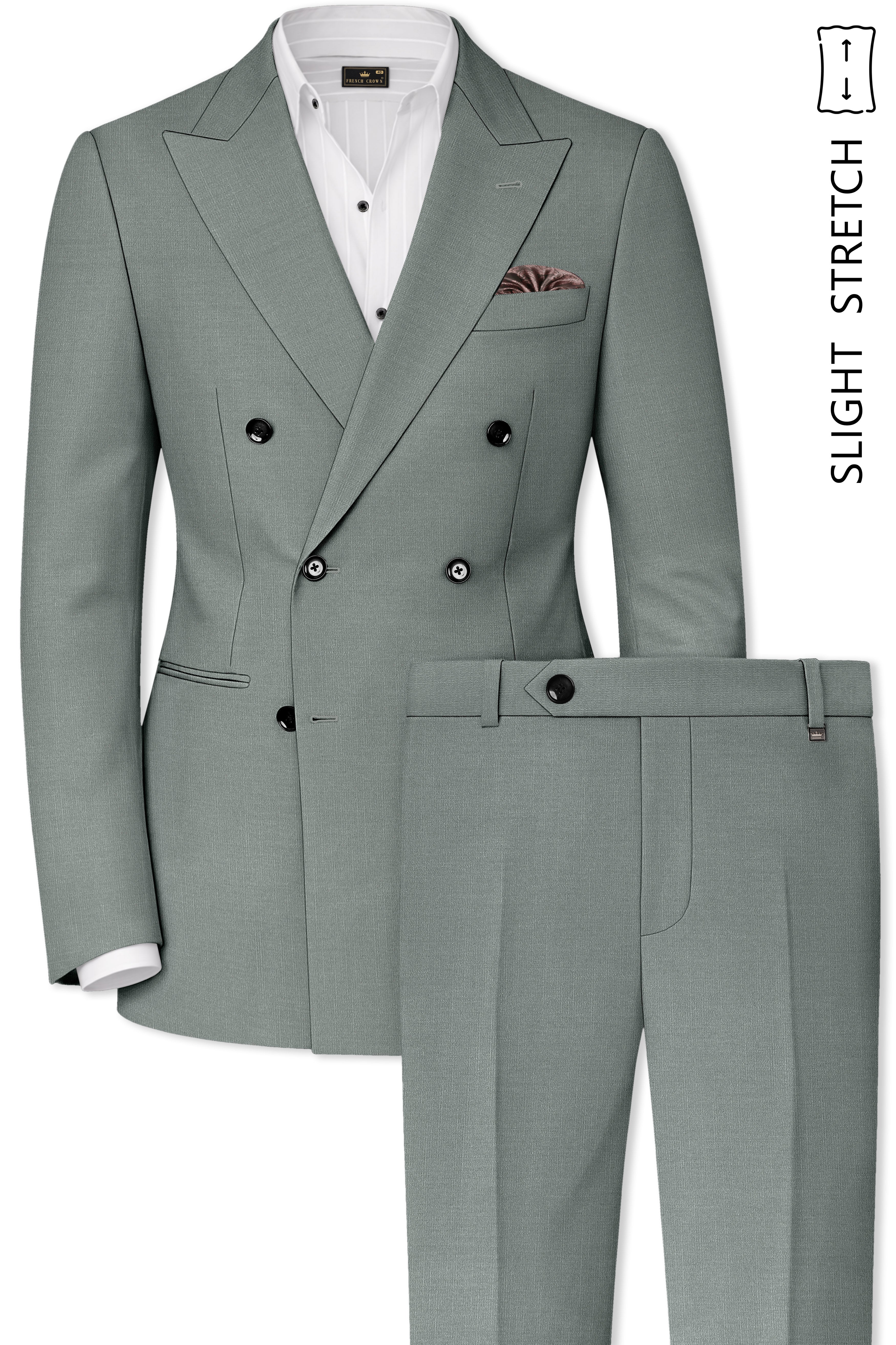 Travliam-William Green Wool Rich Double Breasted Slight Stretch Suit