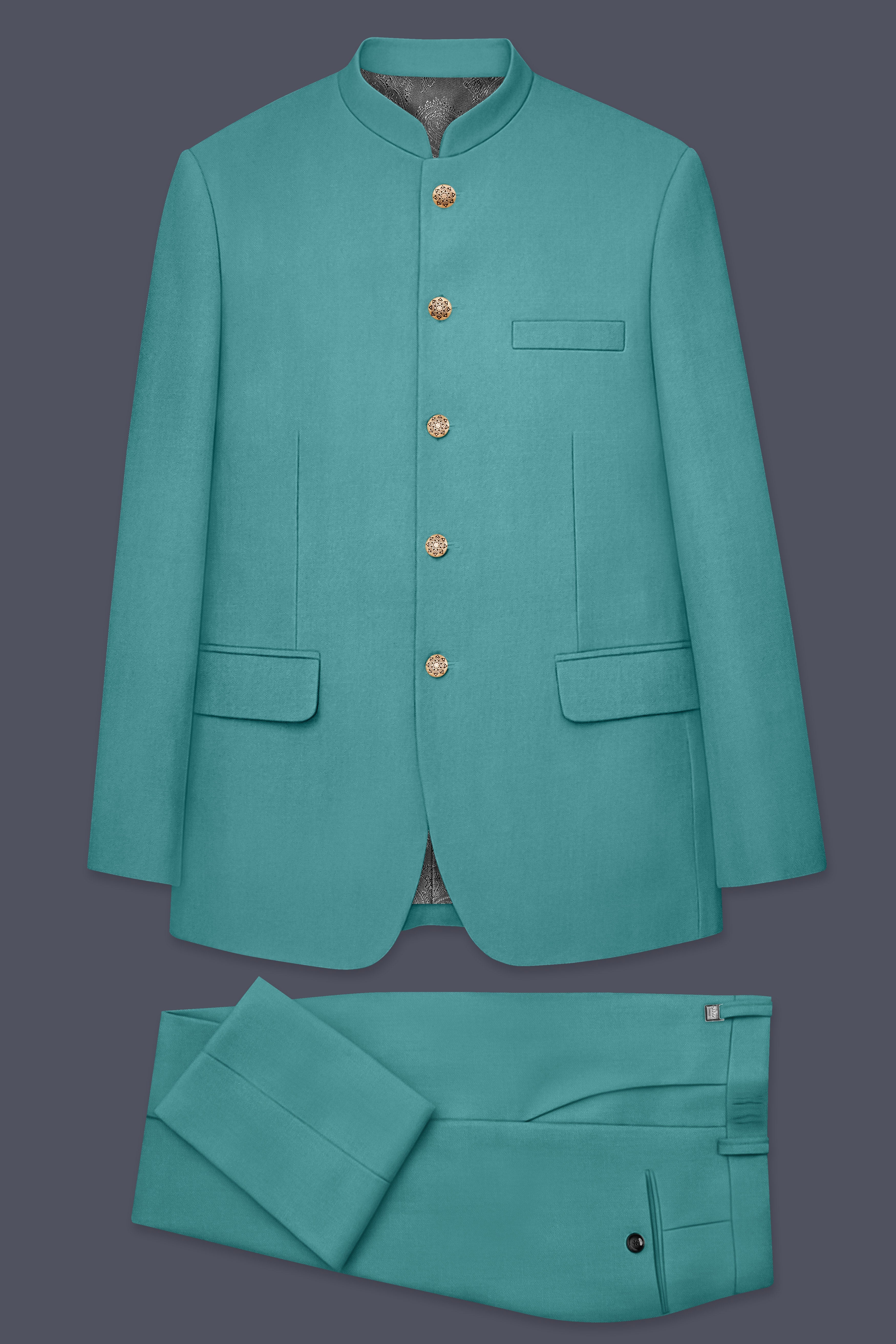 Travirid-Gothic Green Wool Rich Bandhgala Stretchable Traveler Suit