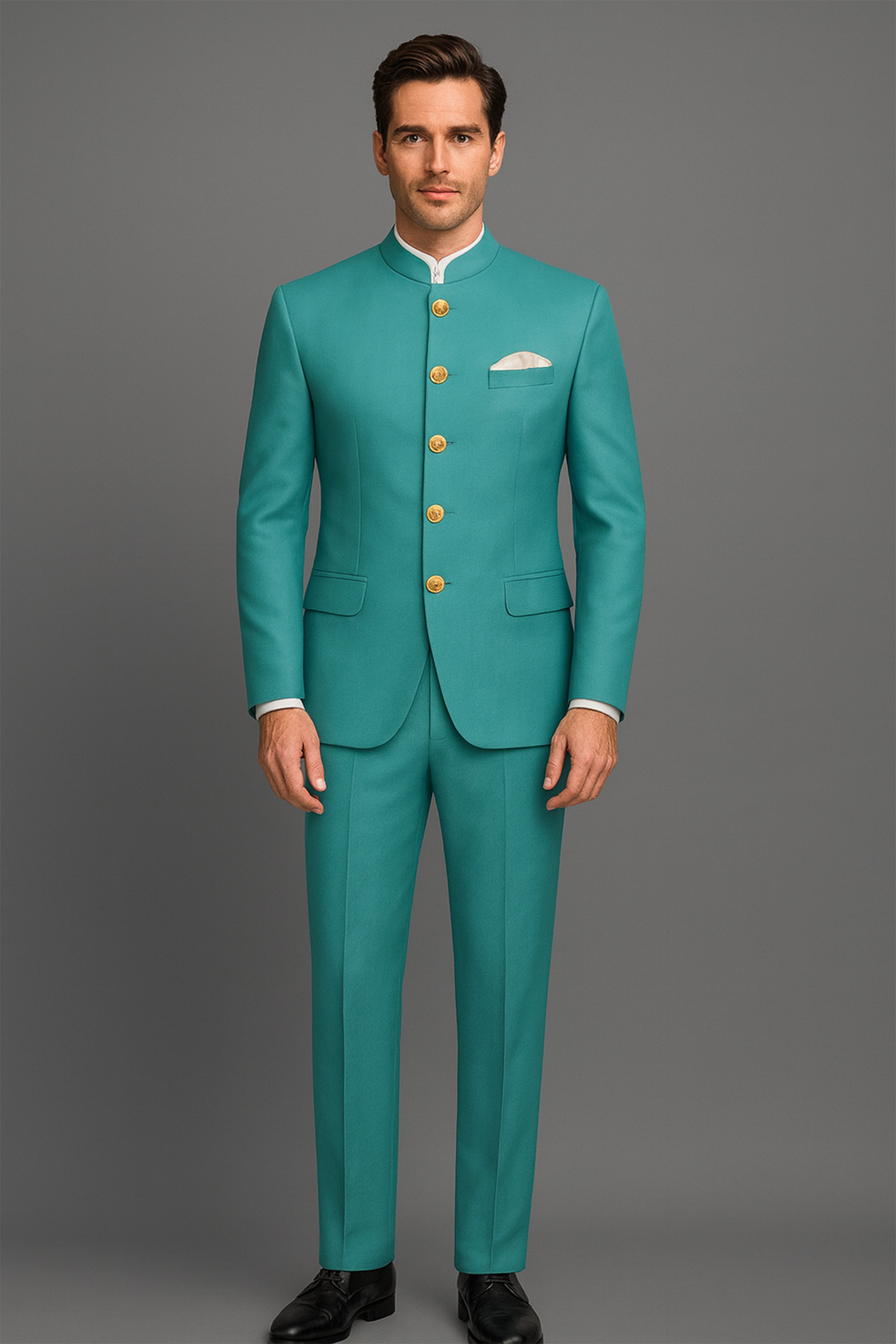 Travirid-Gothic Green Wool Rich Bandhgala Stretchable Traveler Suit