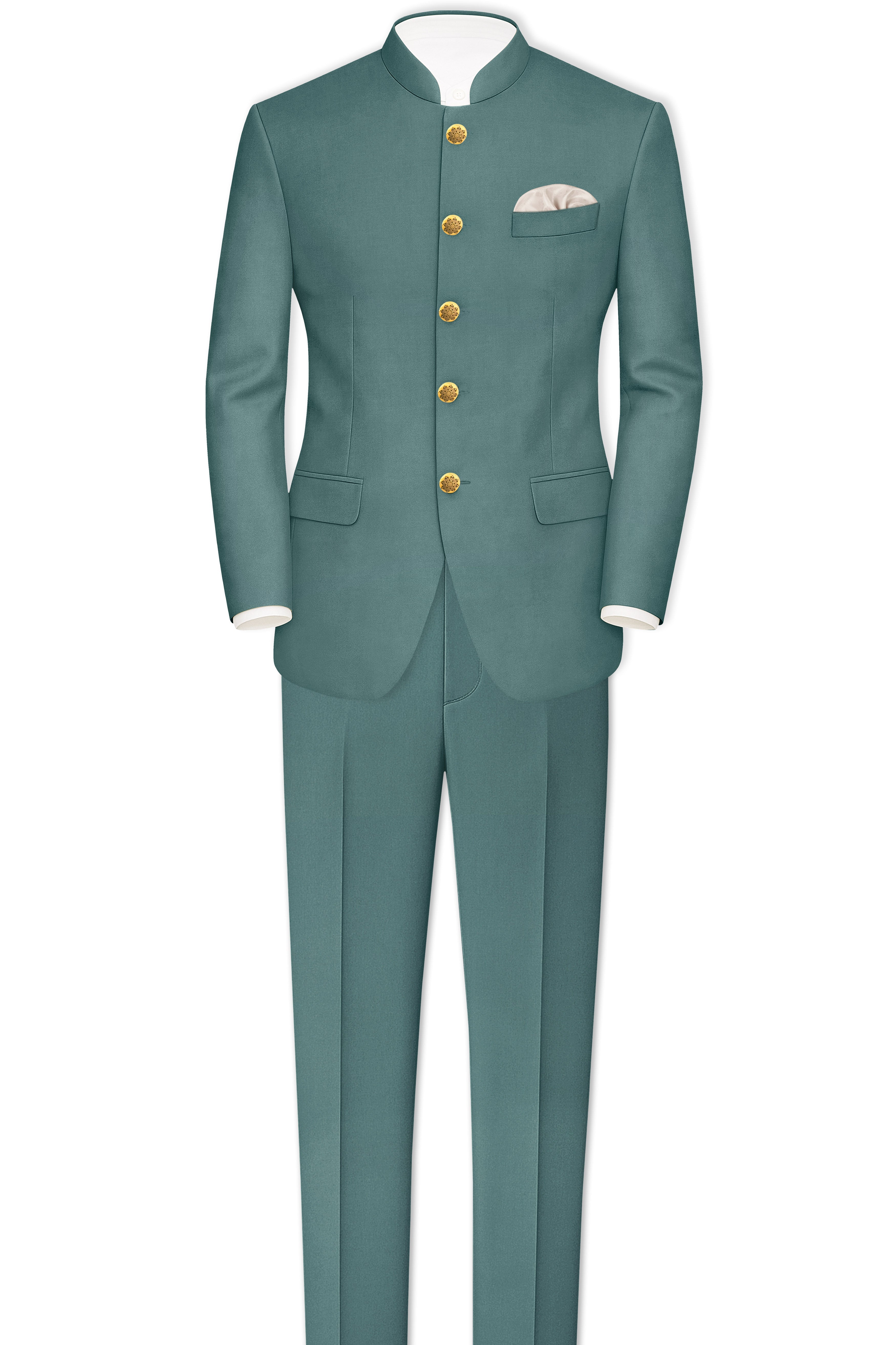 Travliam-William Green Wool Rich Bandhgala Stretchable Traveler Suit