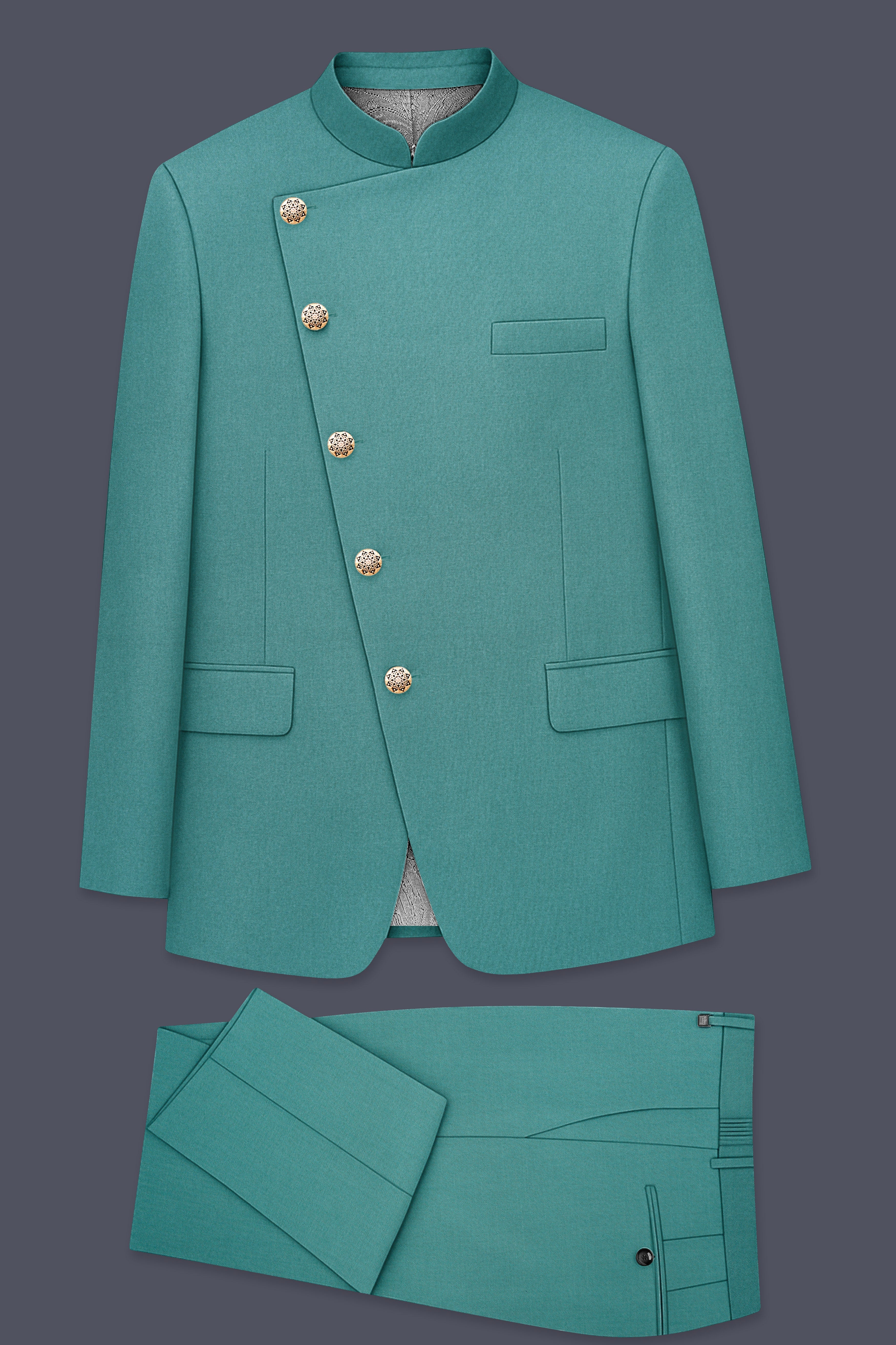 Travirid-Gothic Green Wool Rich Cross Placket Bandhgala Stretchable Traveler Suit