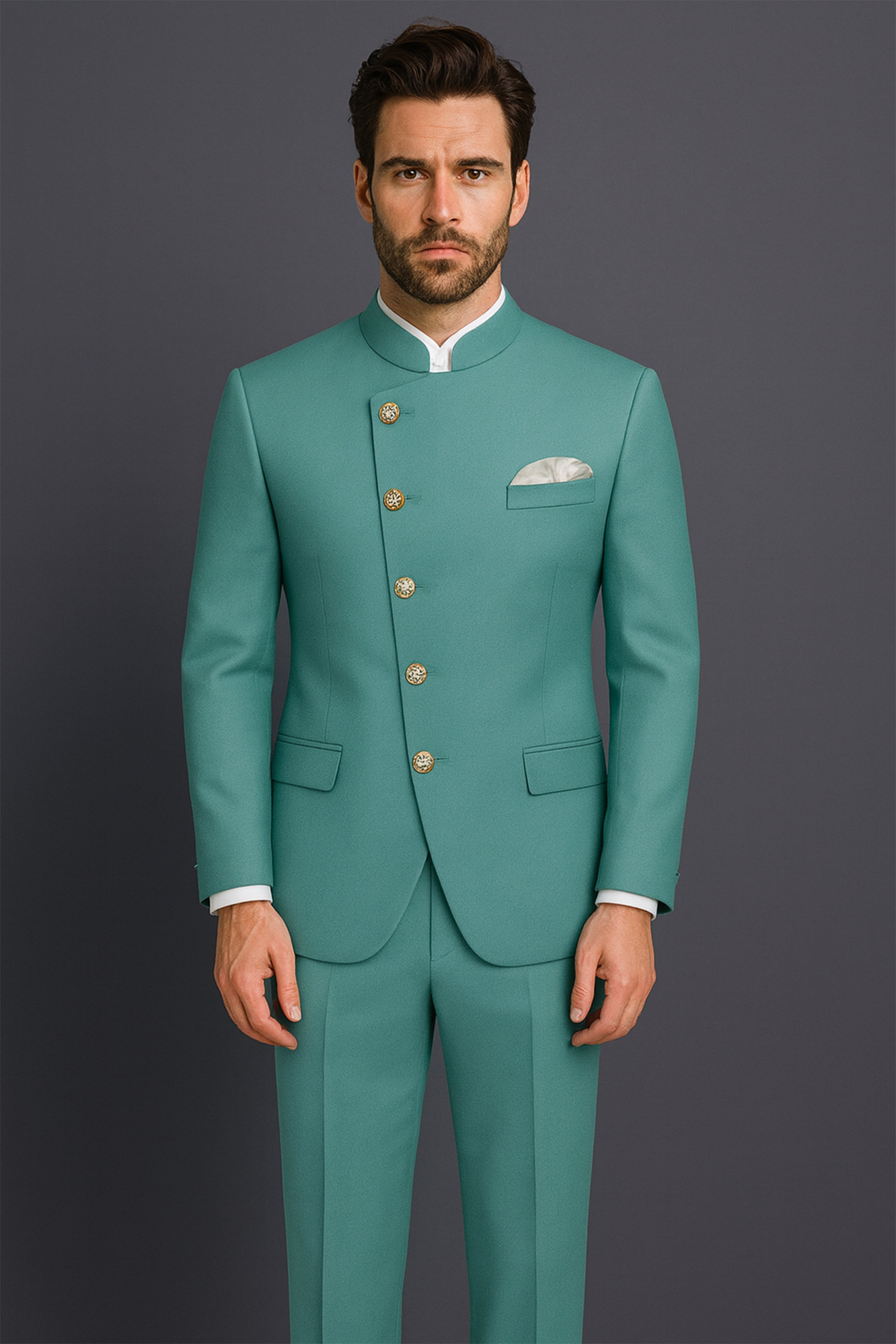 Travirid-Gothic Green Wool Rich Cross Placket Bandhgala Stretchable Traveler Suit