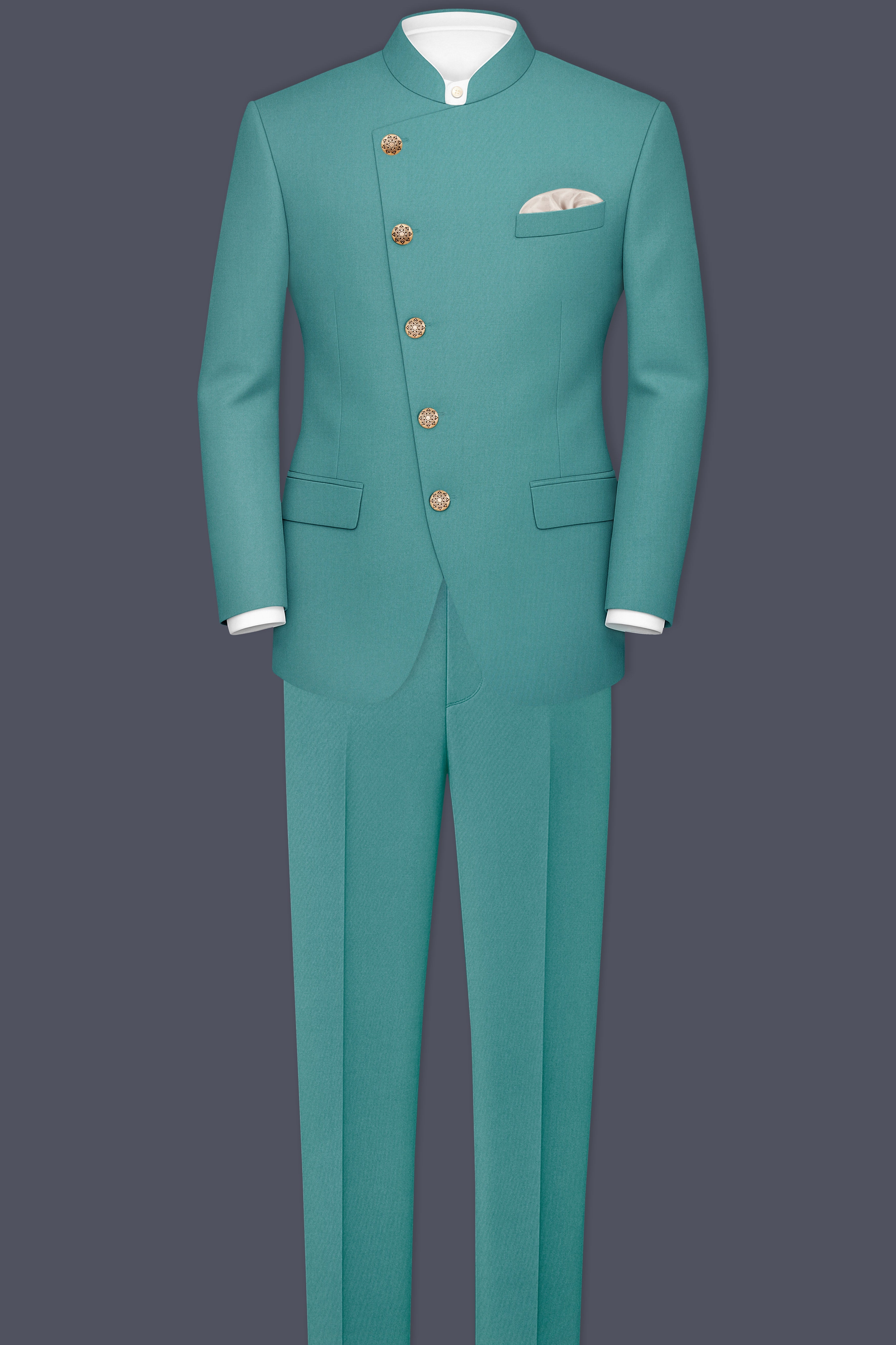 Travirid-Gothic Green Wool Rich Cross Placket Bandhgala Stretchable Traveler Suit