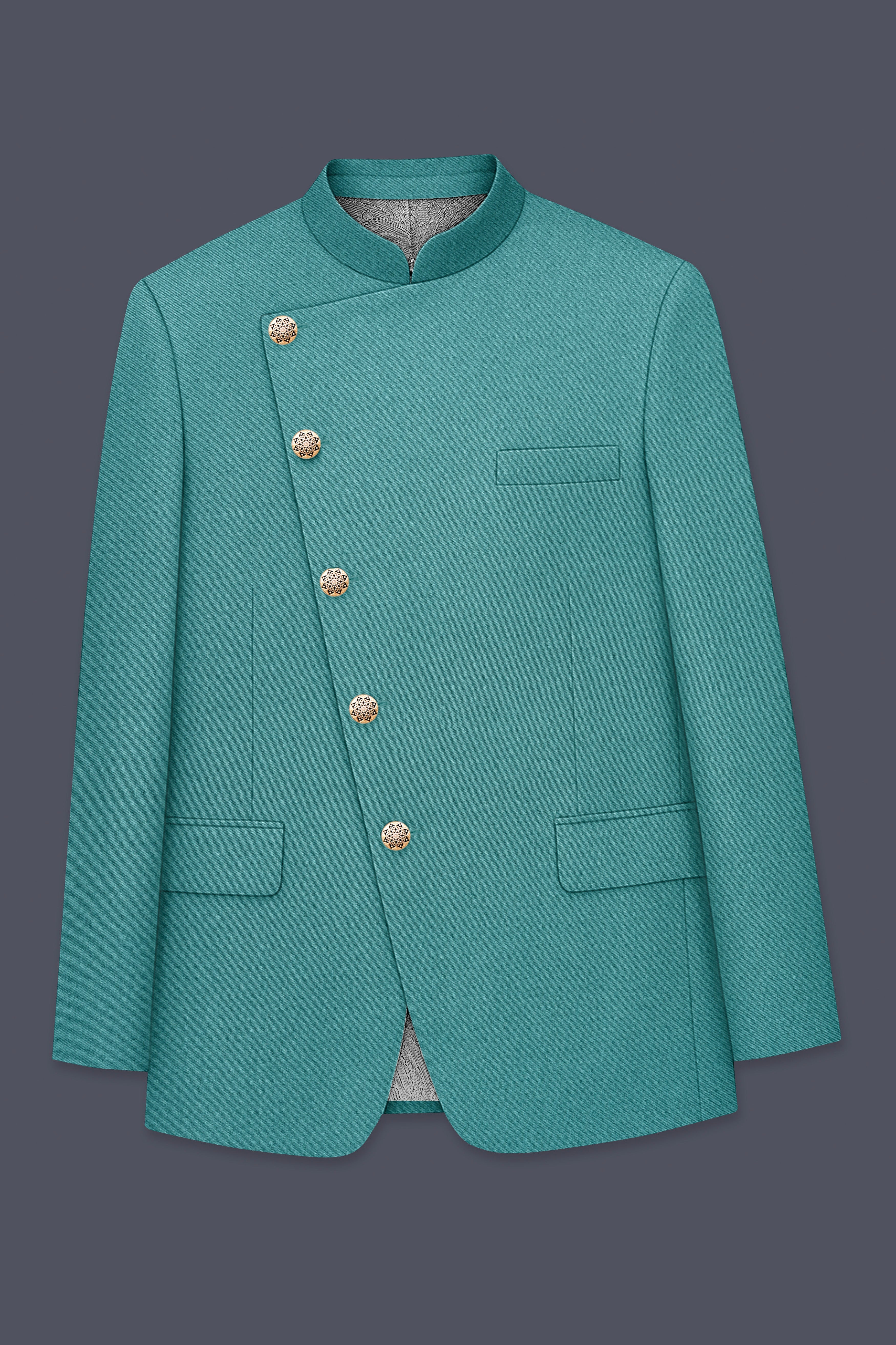 Travirid-Gothic Green Wool Rich Cross Placket Bandhgala Stretchable Traveler Suit