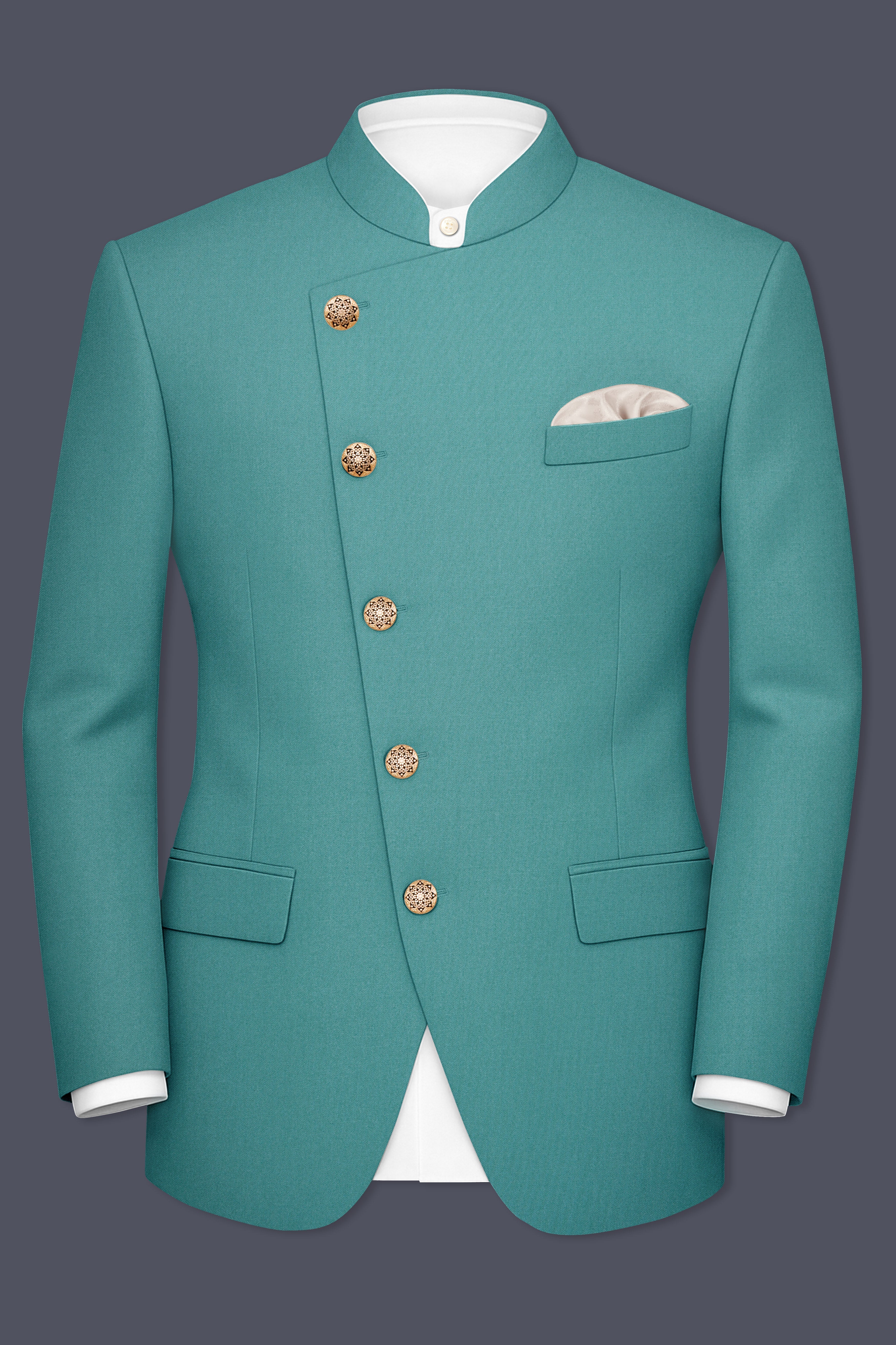 Travirid-Gothic Green Wool Rich Cross Placket Bandhgala Stretchable Traveler Suit