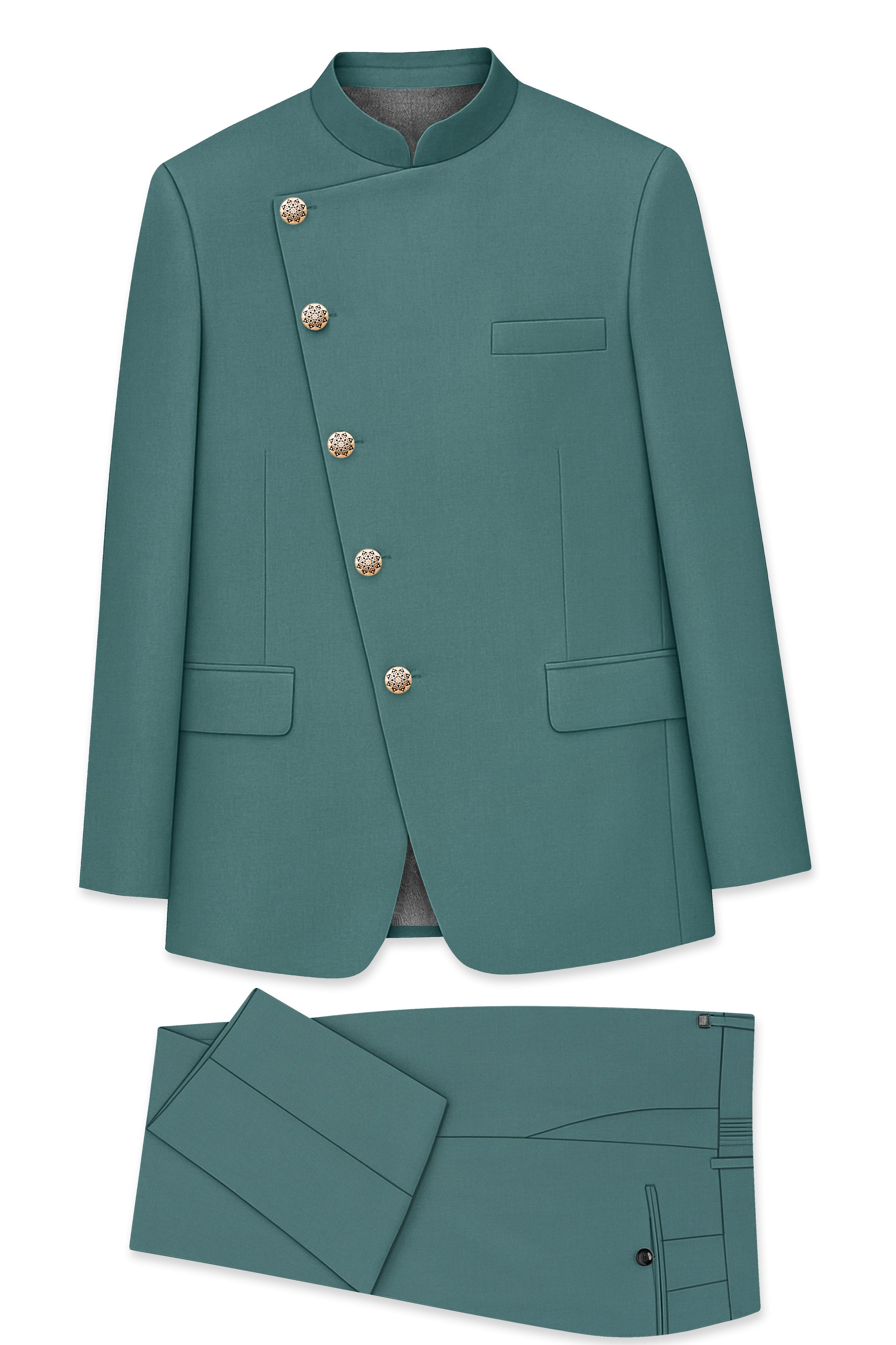 Travliam-William Green Wool Rich Cross Placket Bandhgala Stretchable Traveler Suit