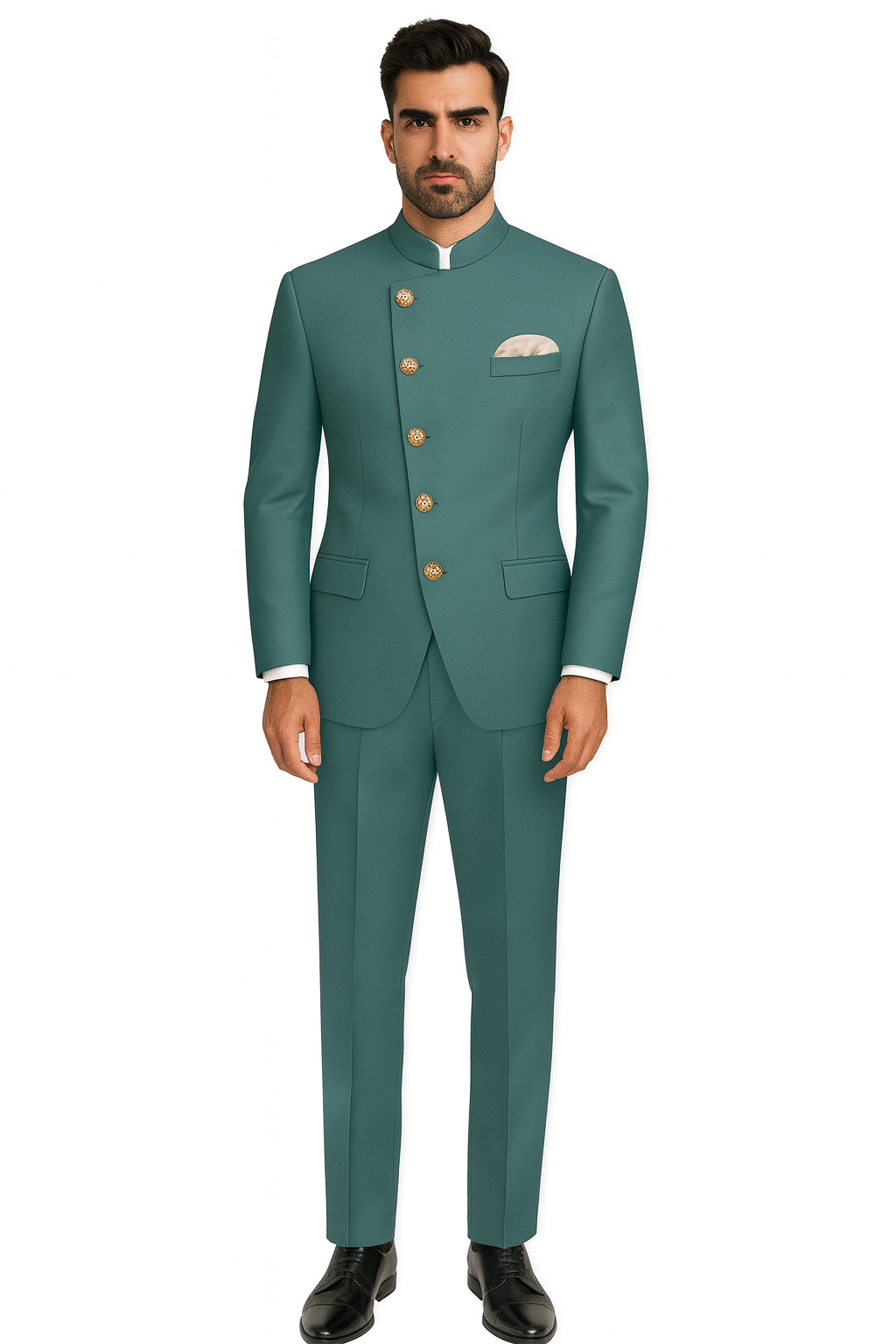 Travliam-William Green Wool Rich Cross Placket Bandhgala Stretchable Traveler Suit