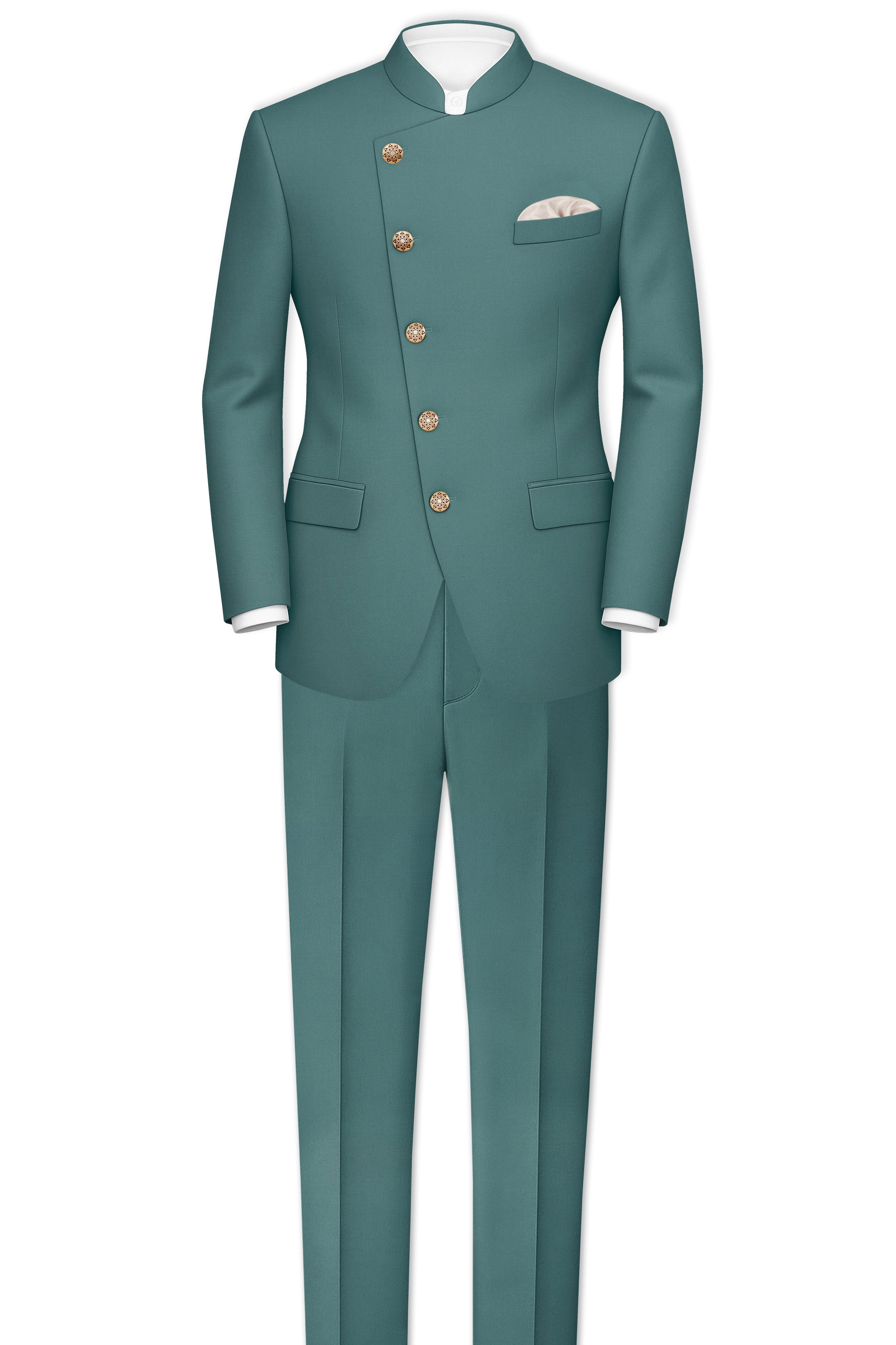 Travliam-William Green Wool Rich Cross Placket Bandhgala Stretchable Traveler Suit