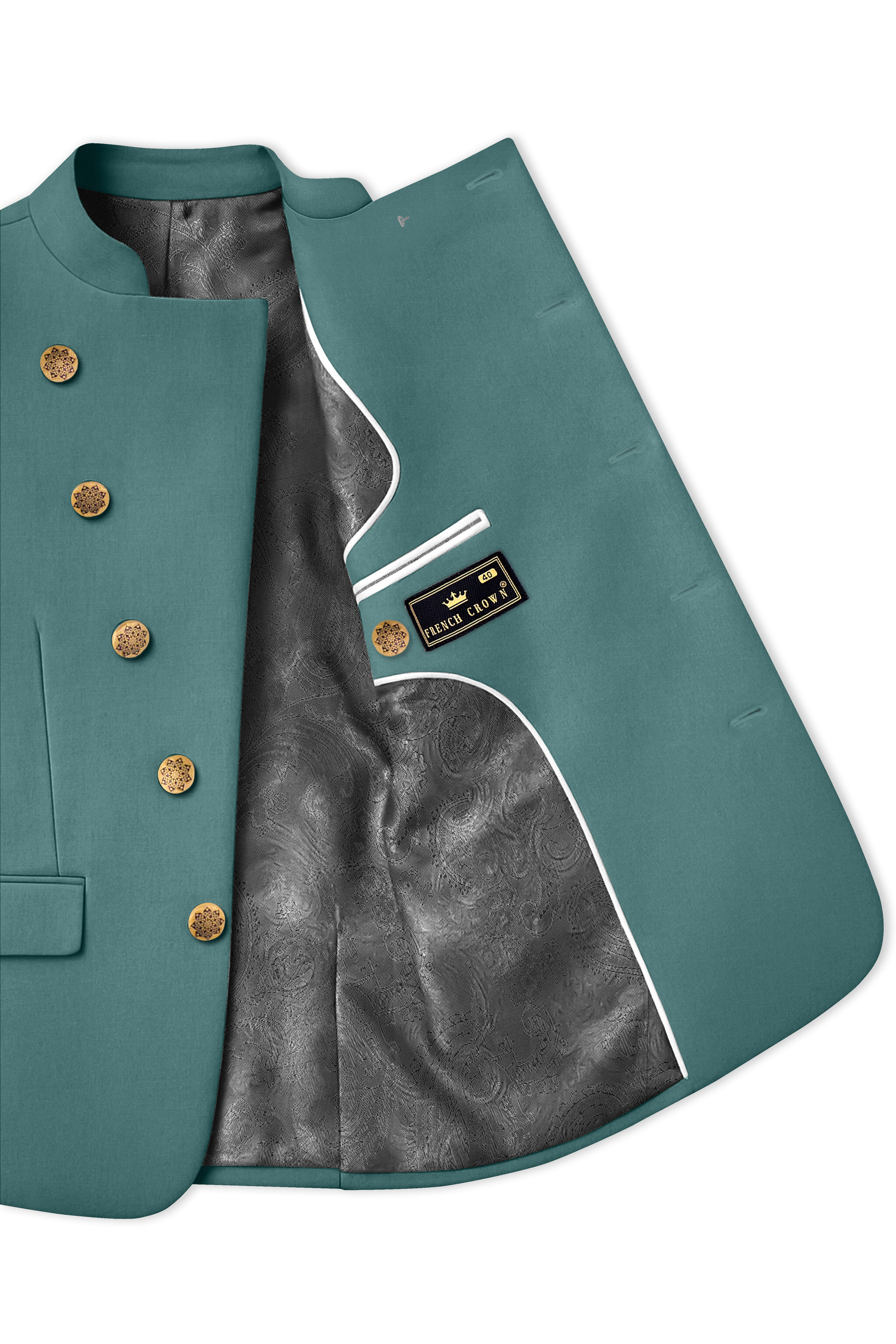 Travliam-William Green Wool Rich Cross Placket Bandhgala Stretchable Traveler Suit