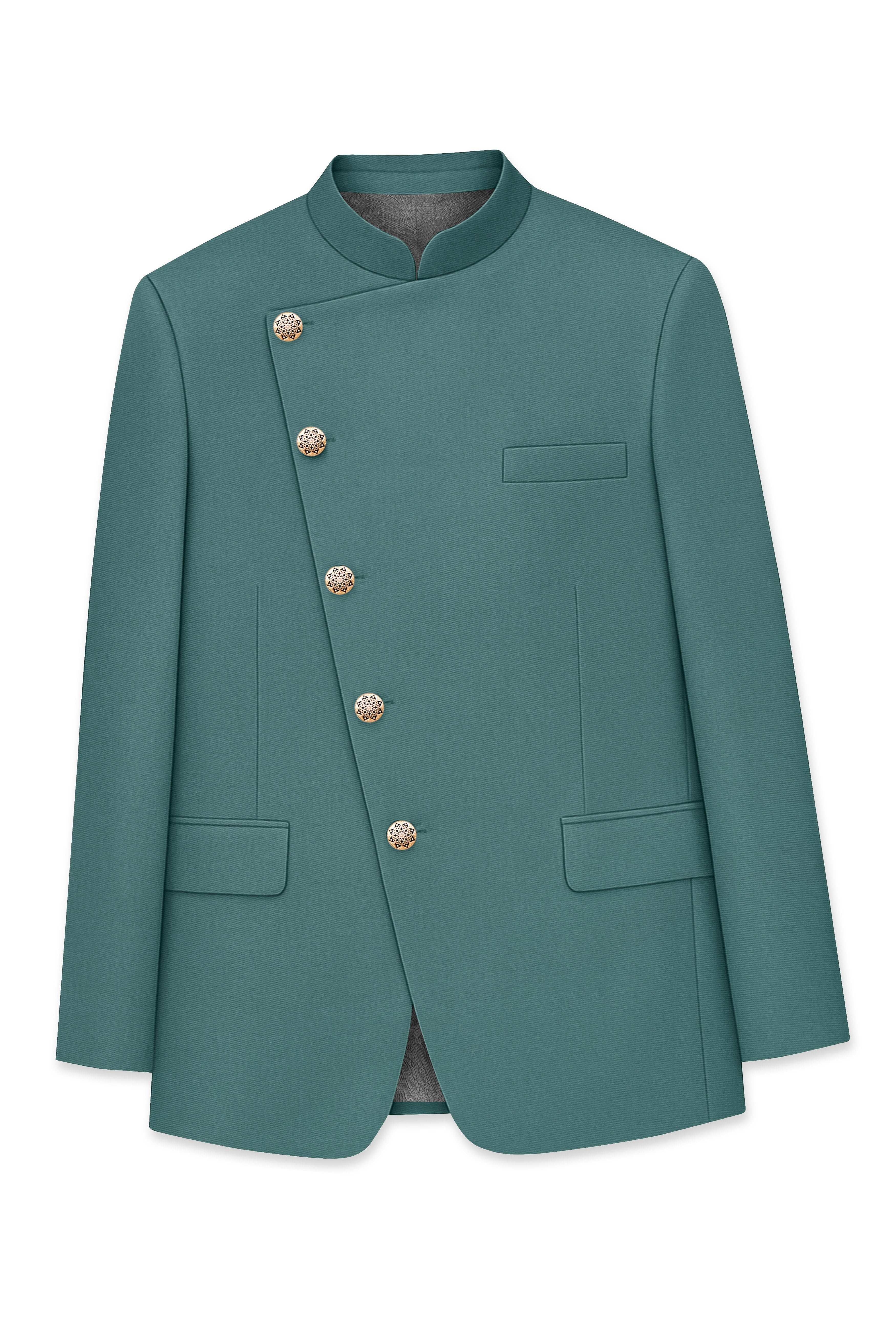 Travliam-William Green Wool Rich Cross Placket Bandhgala Stretchable Traveler Suit