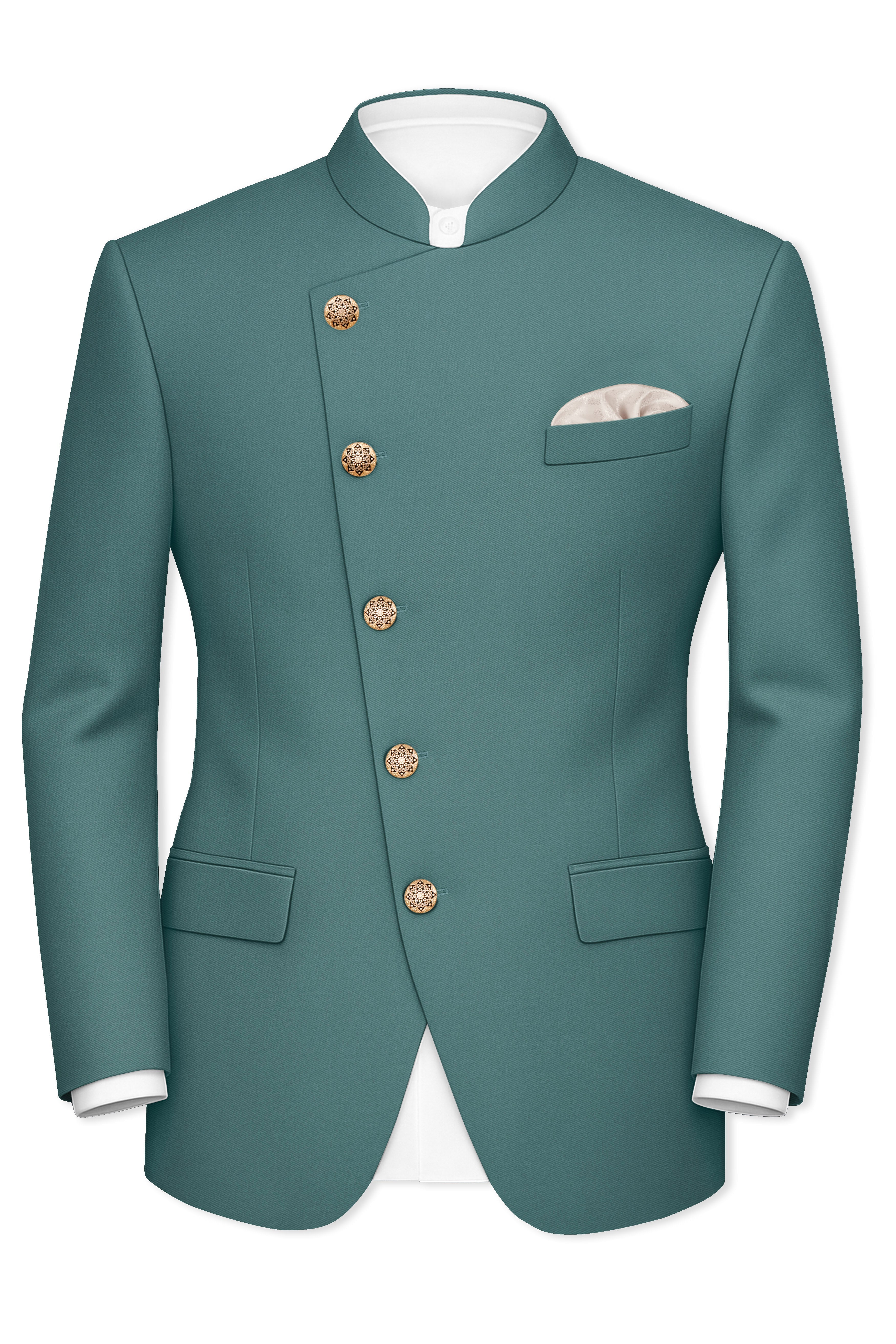 Travliam-William Green Wool Rich Cross Placket Bandhgala Stretchable Traveler Suit