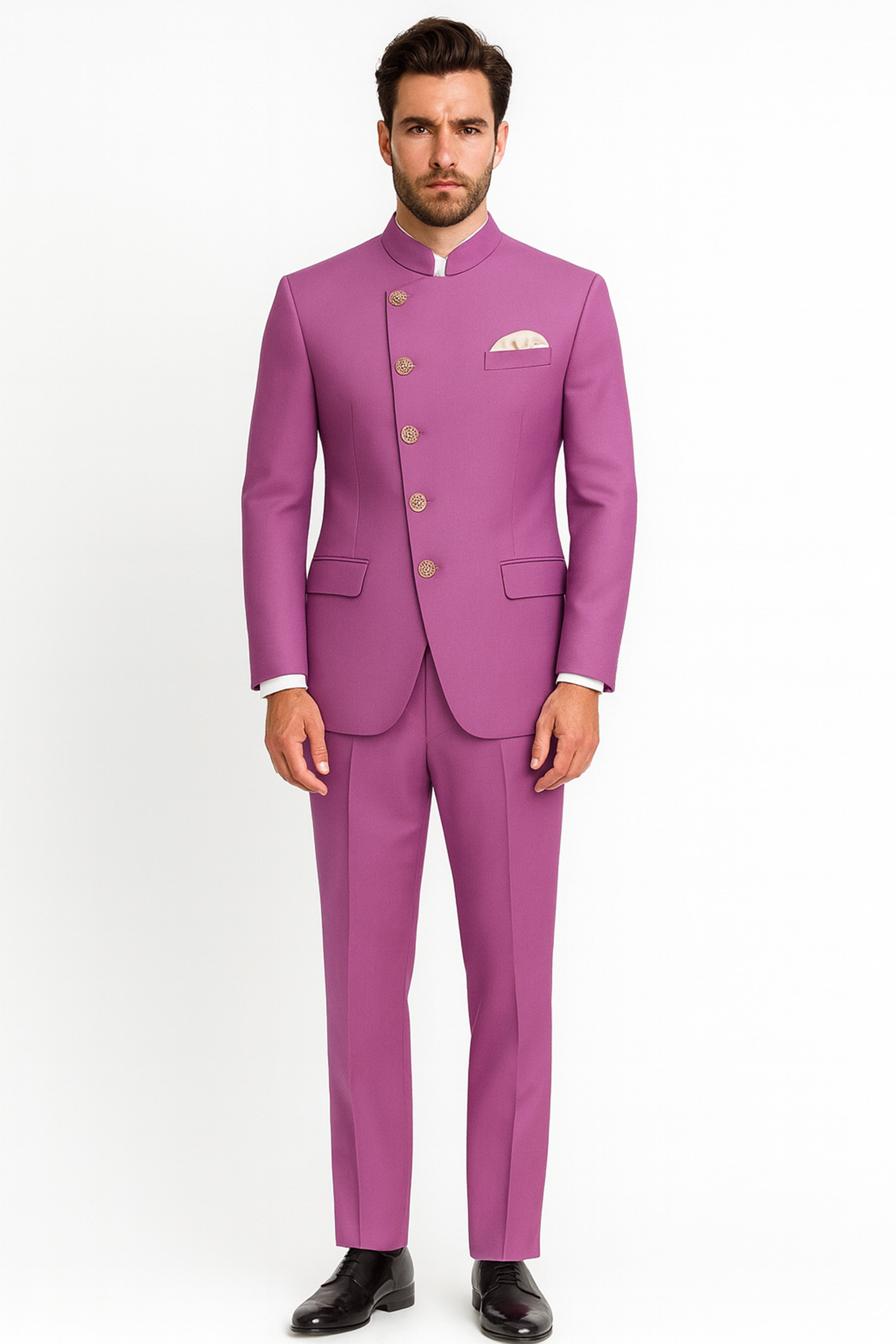 Rosvoy-Trendy Pink Wool Rich Cross Placket Bandhgala Stretchable Traveler Suit