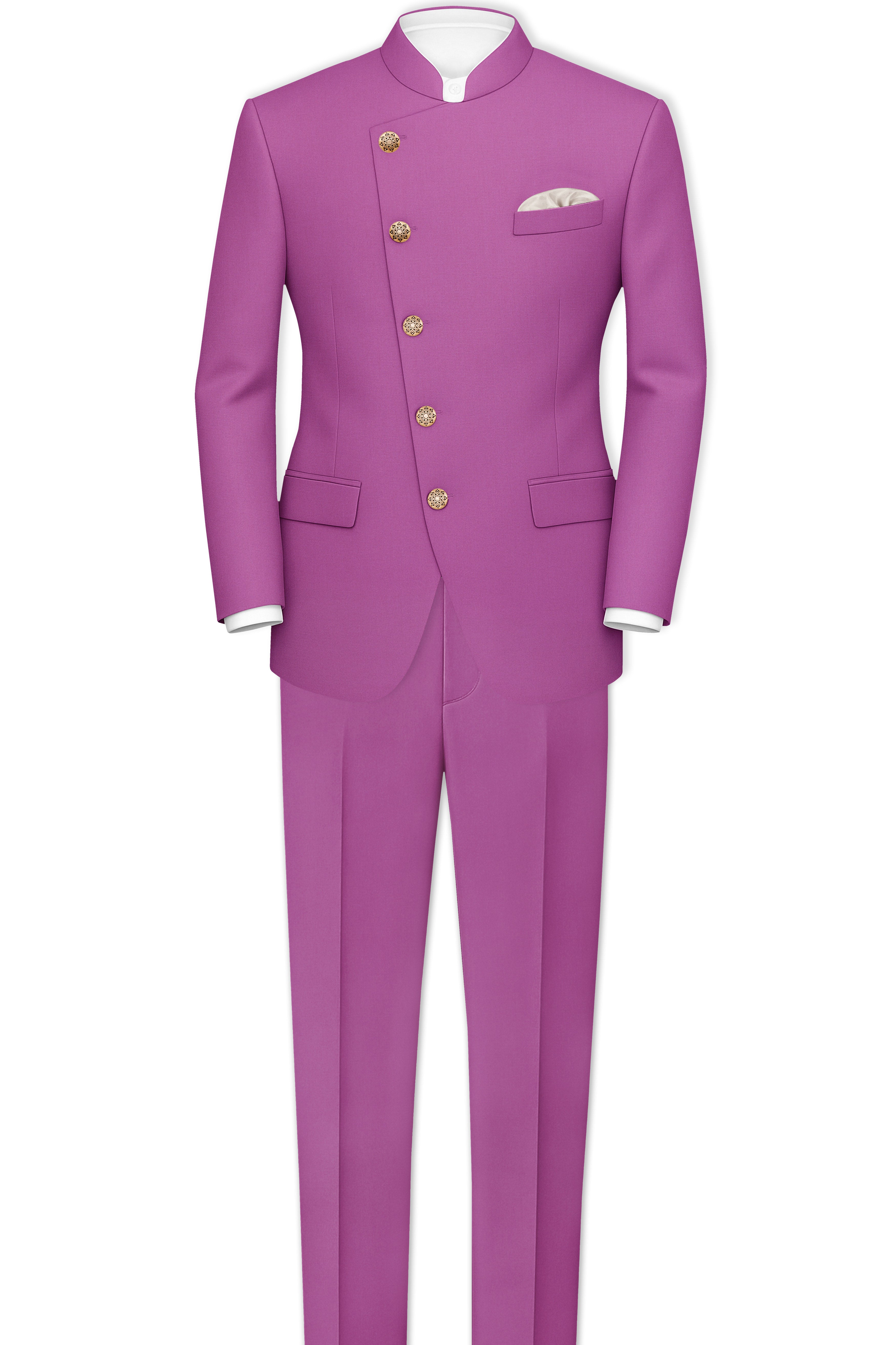Rosvoy-Trendy Pink Wool Rich Cross Placket Bandhgala Stretchable Traveler Suit