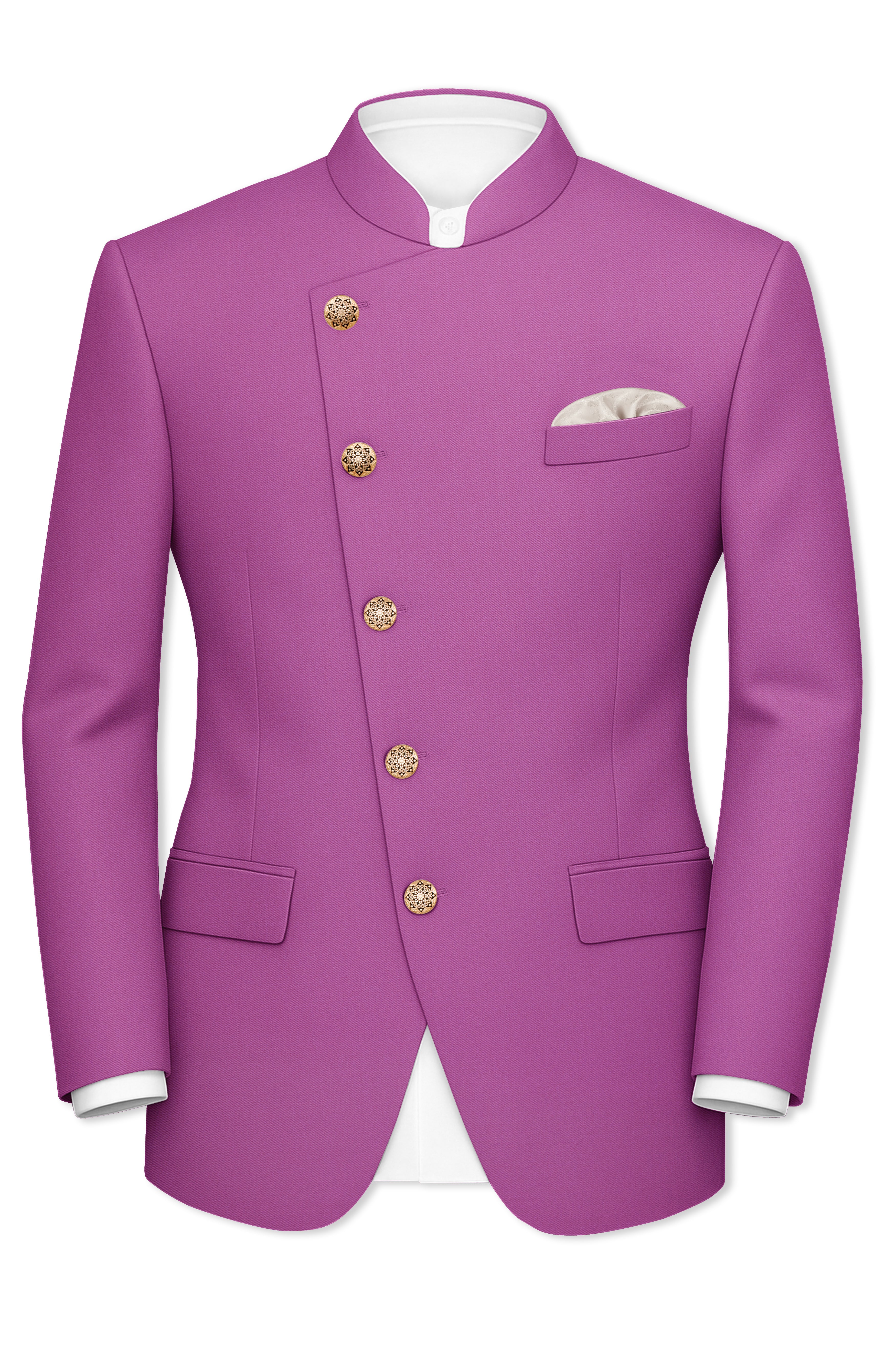 Rosvoy-Trendy Pink Wool Rich Cross Placket Bandhgala Stretchable Traveler Suit