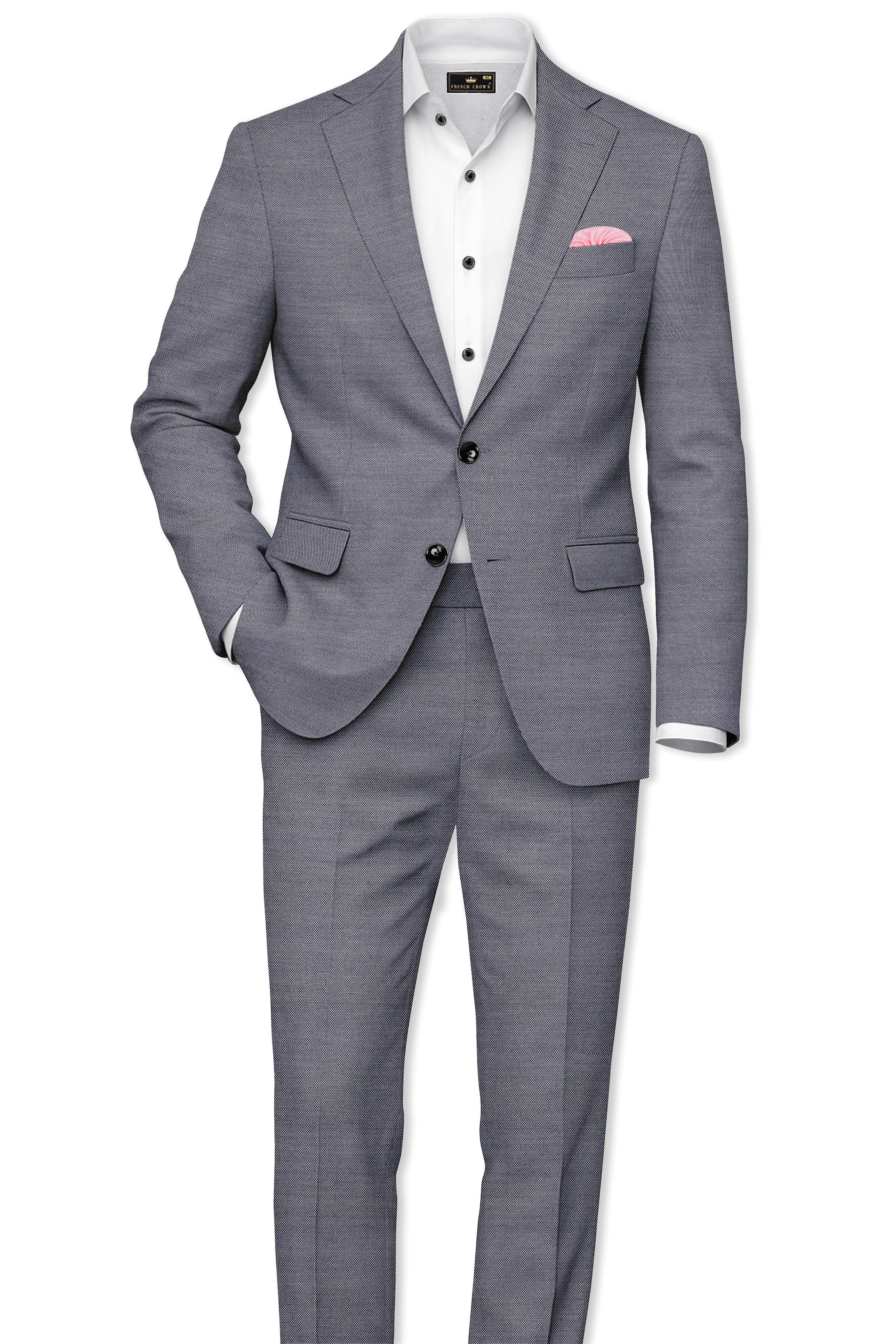 Herrivell-Martinique Blue Herringbone Textured Wool Rich Single Breasted Suit