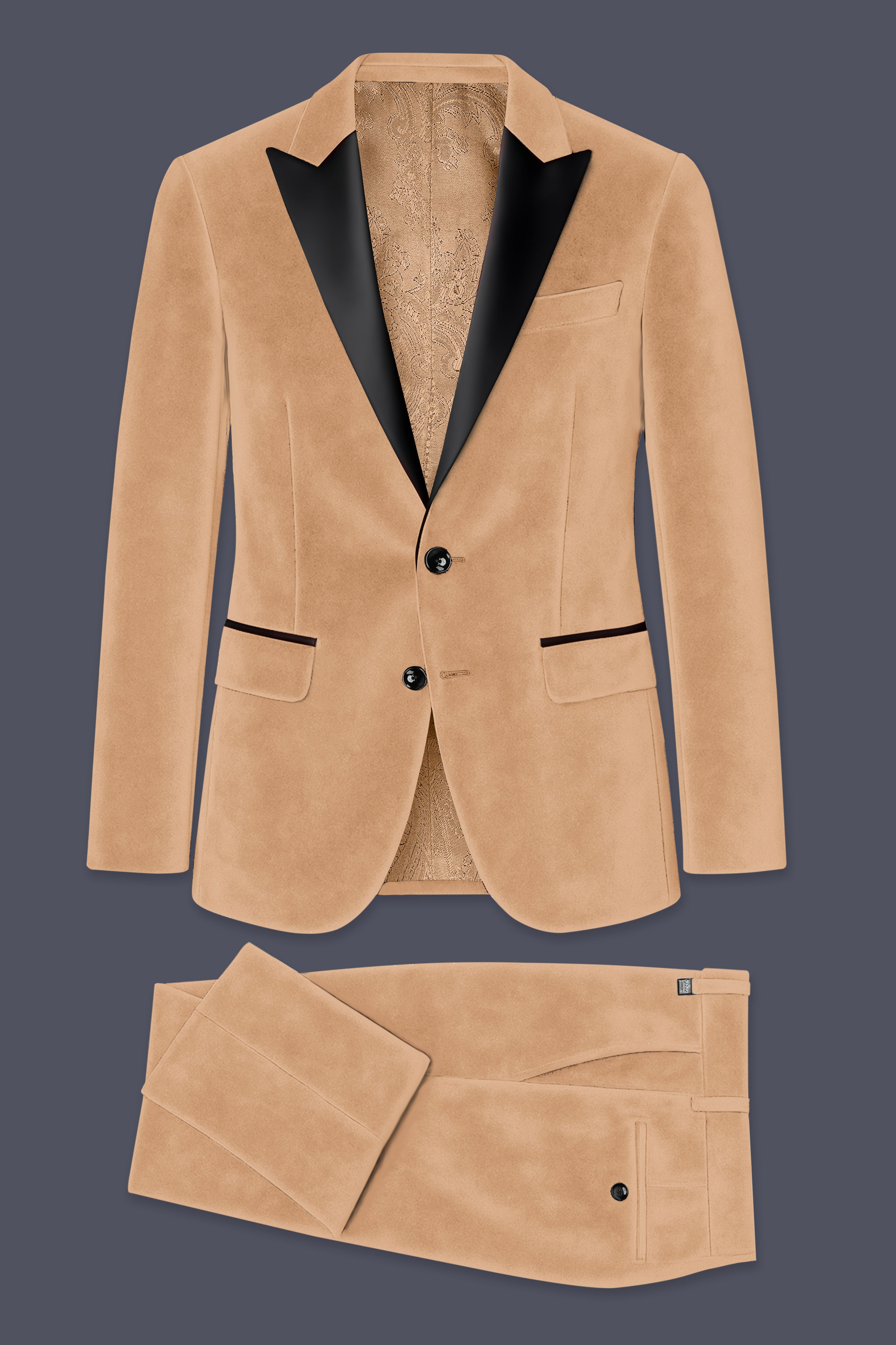 Ivorel-Fawn Cream Velvet Peak Lapel Tuxedo Suit