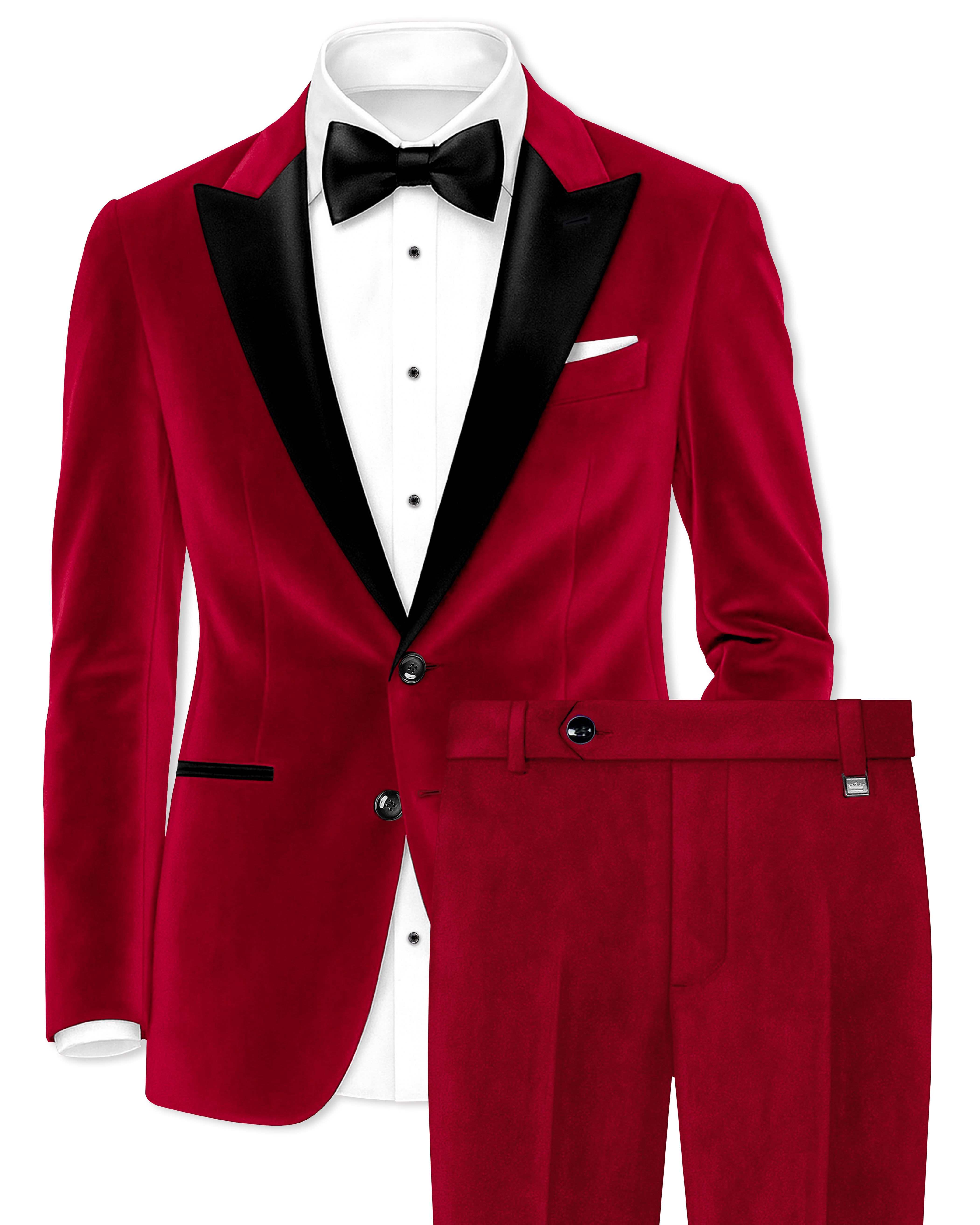 Rubivell-Carmine Red Velvet Peak Lapel Tuxedo Suit