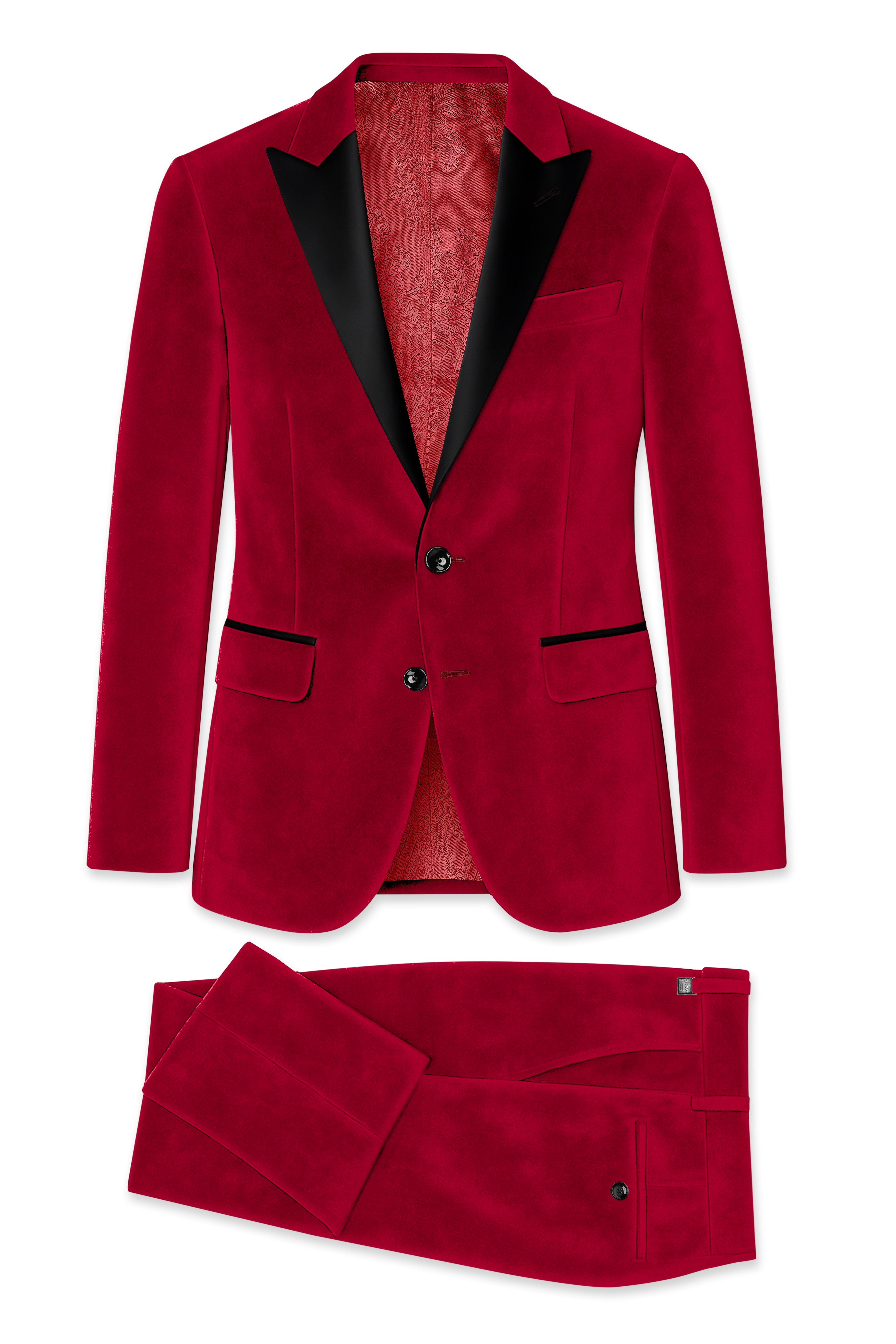 Rubivell-Carmine Red Velvet Peak Lapel Tuxedo Suit